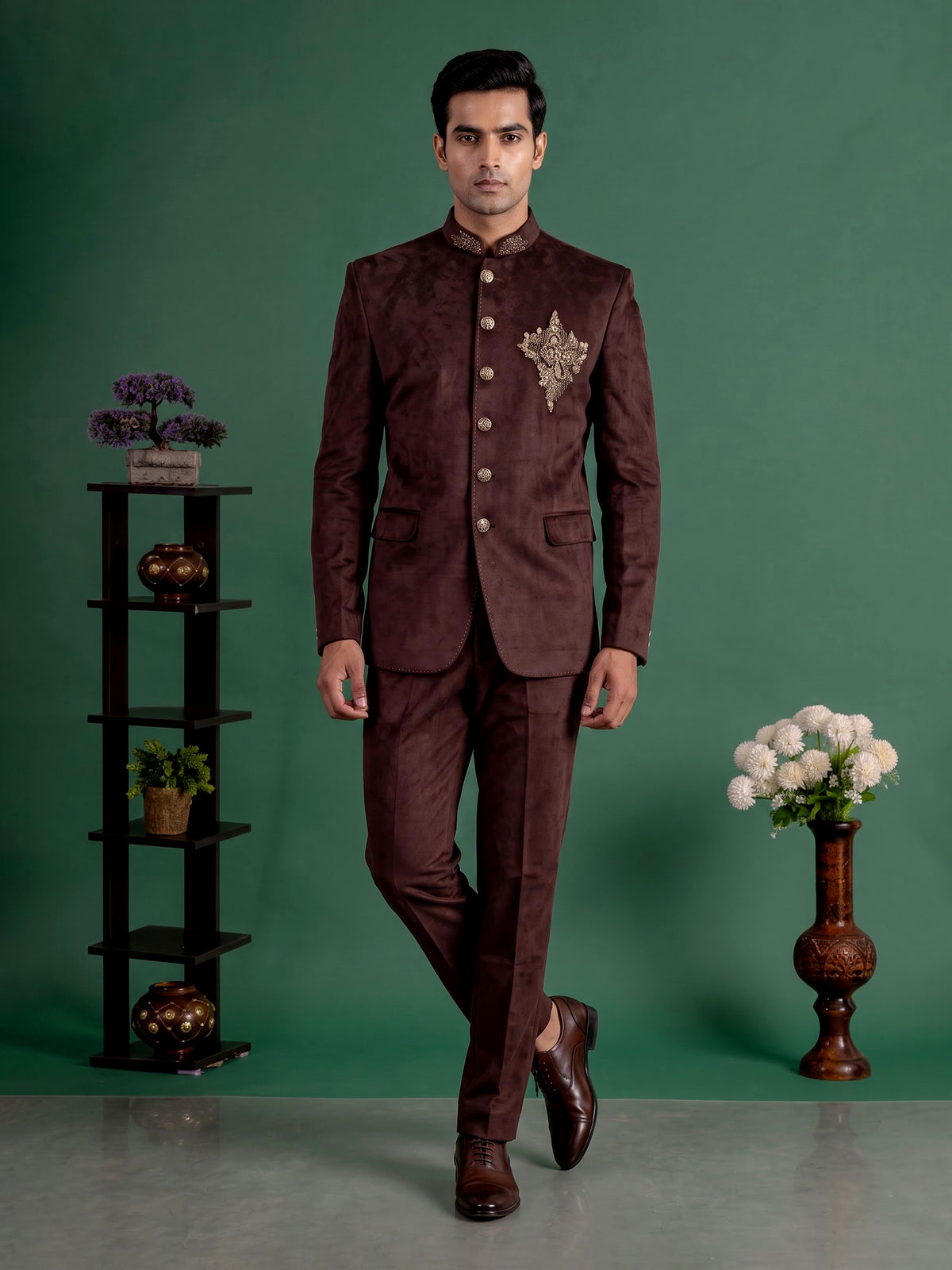 Royal brown micro velvet Jodhpuri suit for men with crest