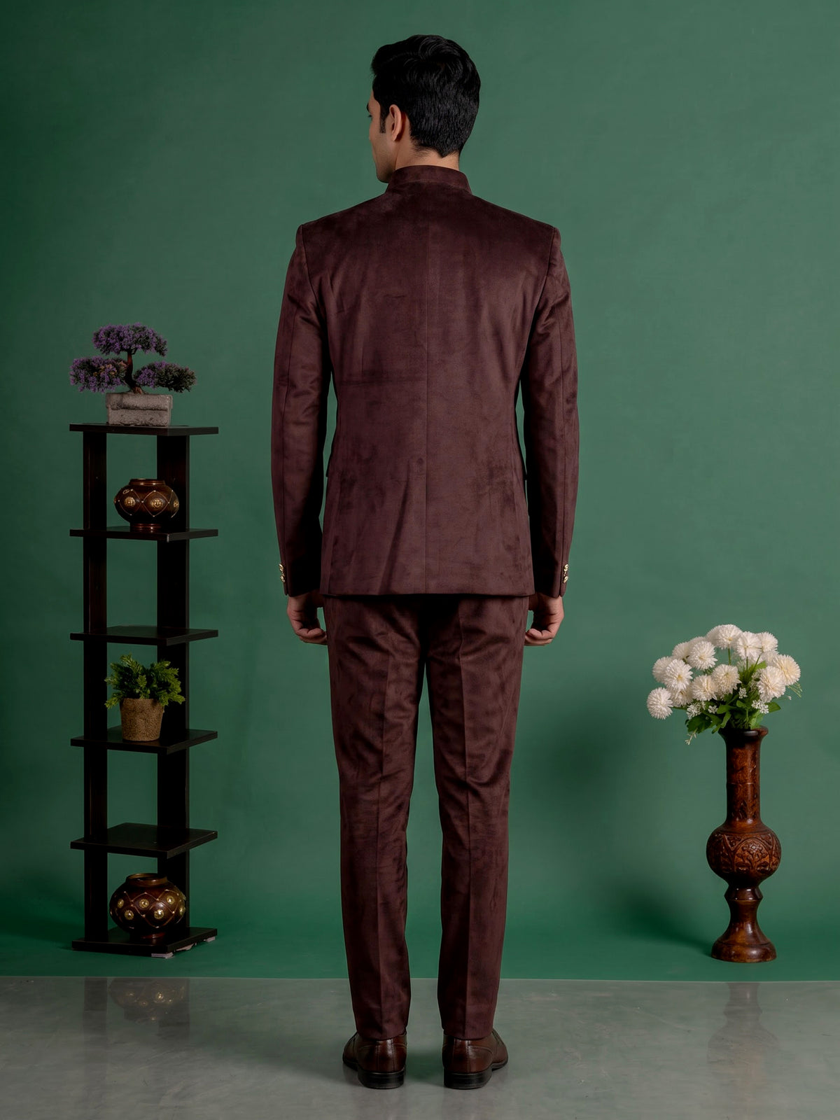 Royal brown micro velvet Jodhpuri suit for men with crest