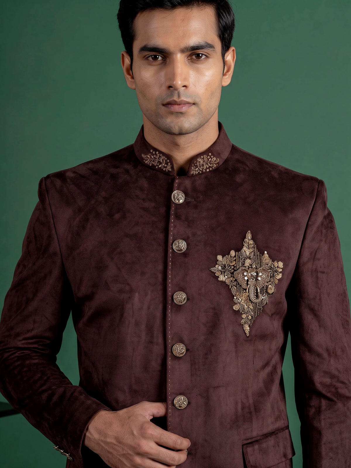 Royal brown micro velvet Jodhpuri suit for men with crest