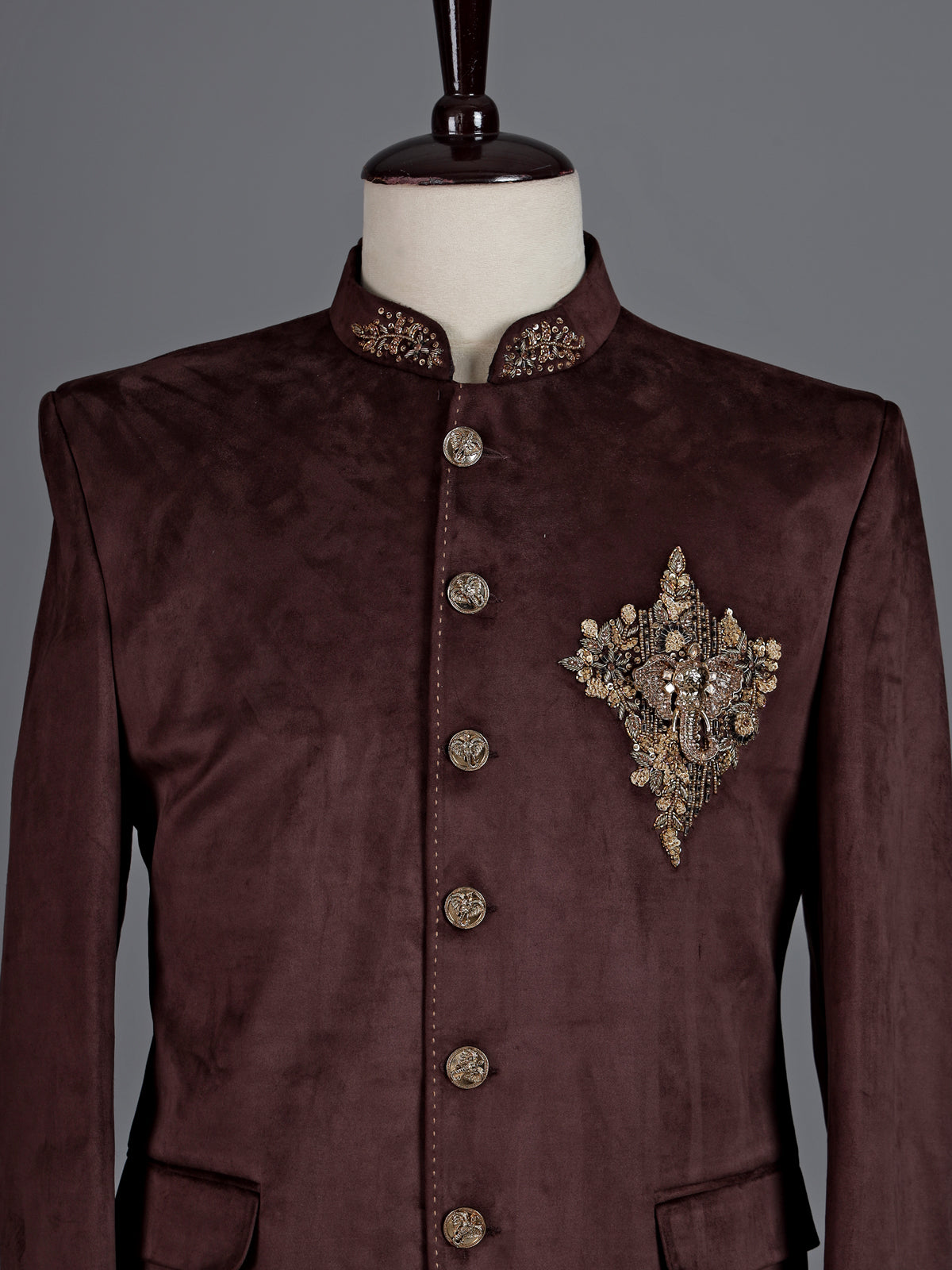 Royal brown micro velvet Jodhpuri suit for men with crest