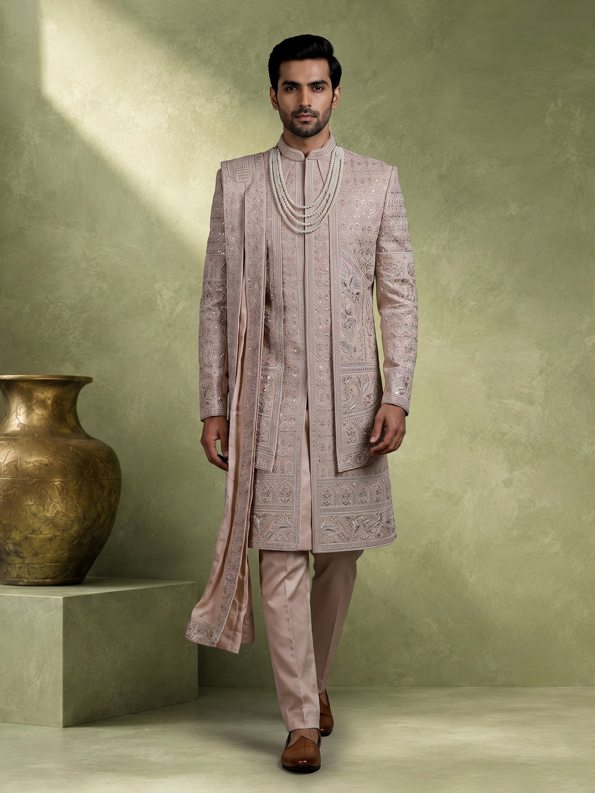 Blush beige raw silk sherwani for men with embellished jacket