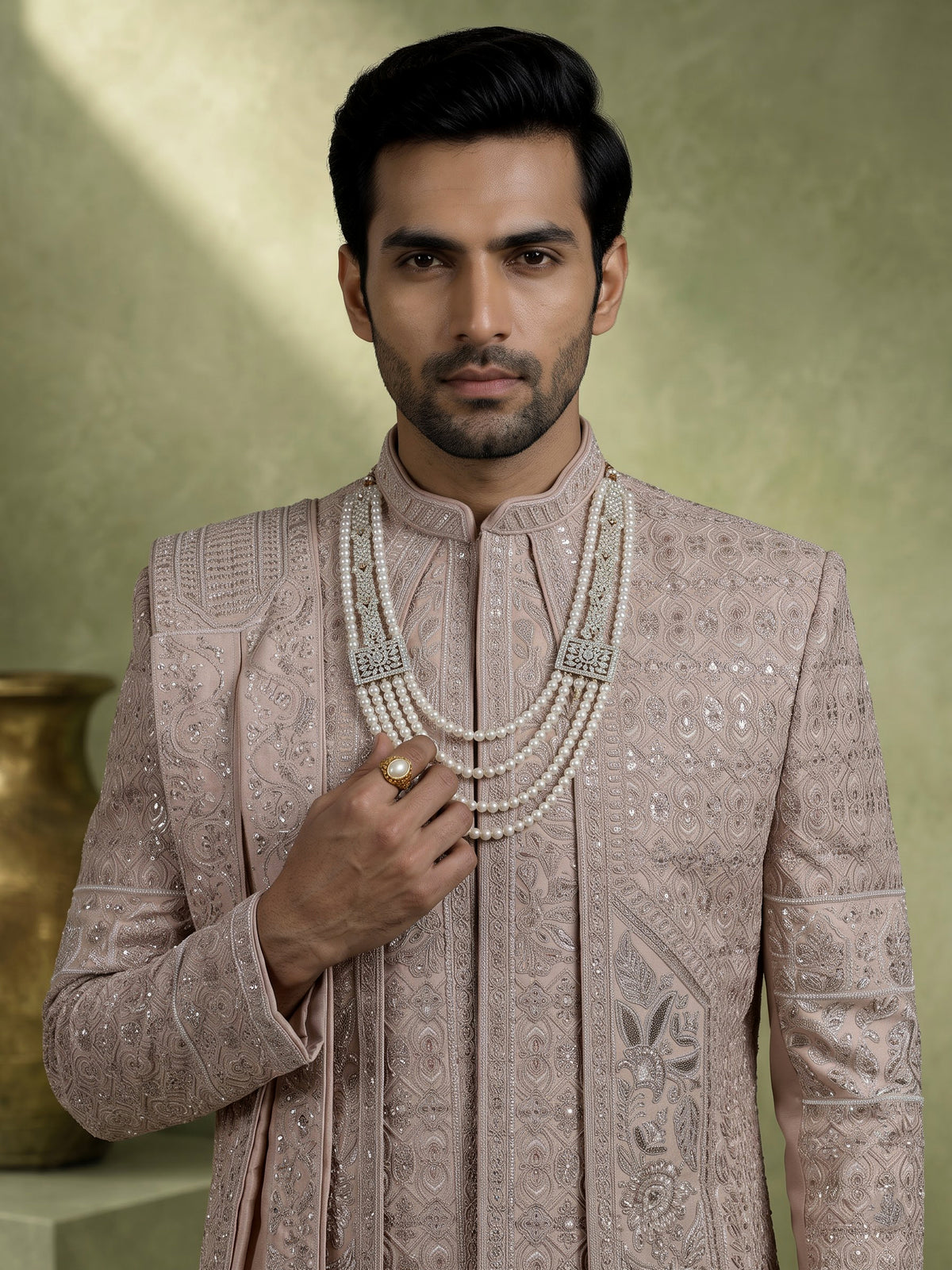 Blush beige raw silk sherwani for men with embellished jacket