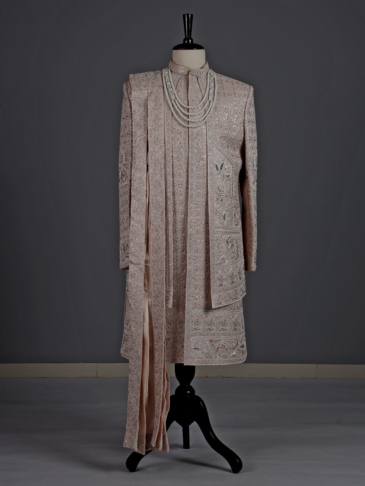 Blush beige raw silk sherwani for men with embellished jacket