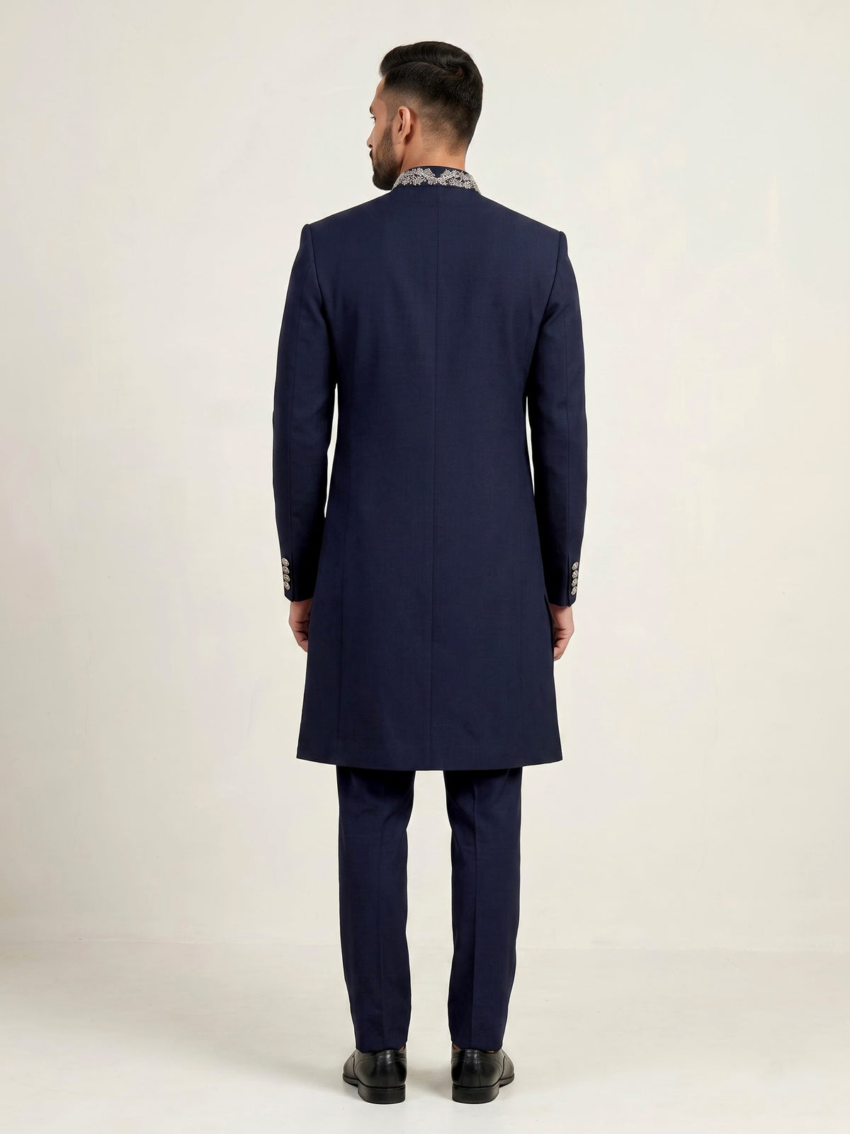 Navy terry rayon sherwani for men with zardosi collar detailing