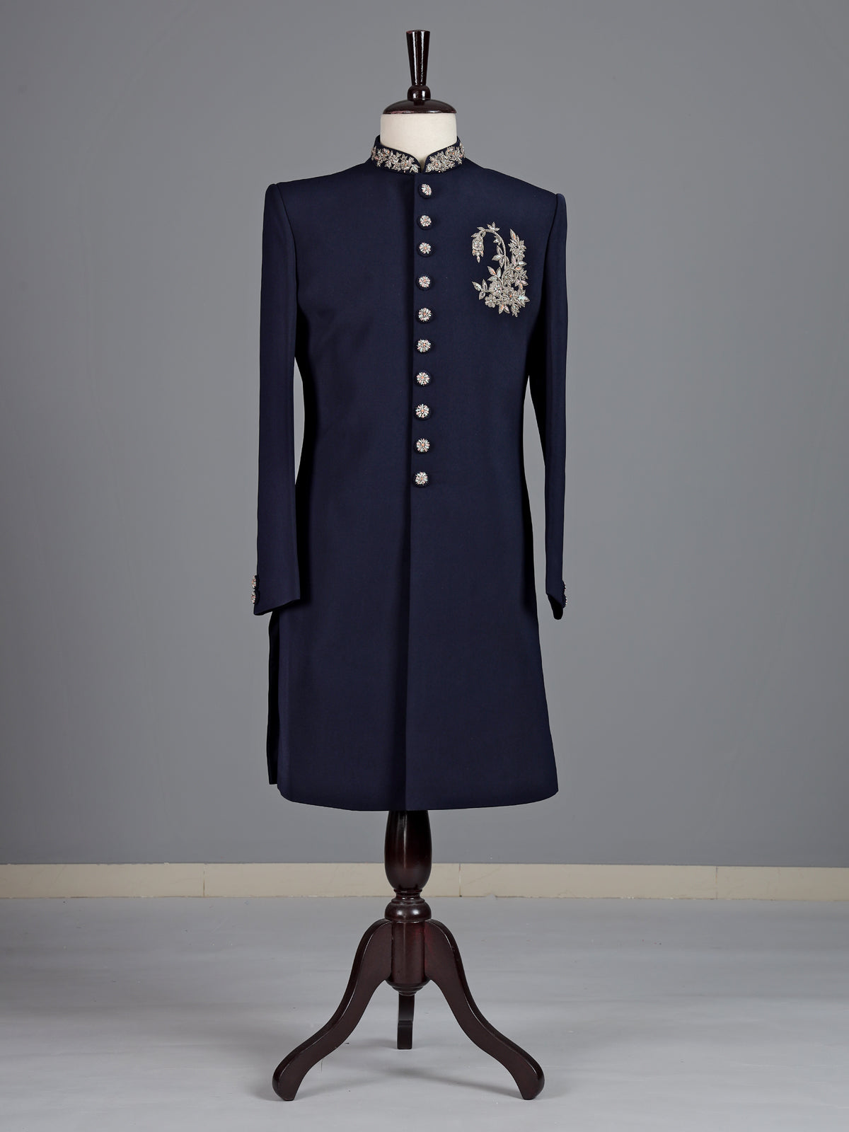 Navy terry rayon sherwani for men with zardosi collar detailing