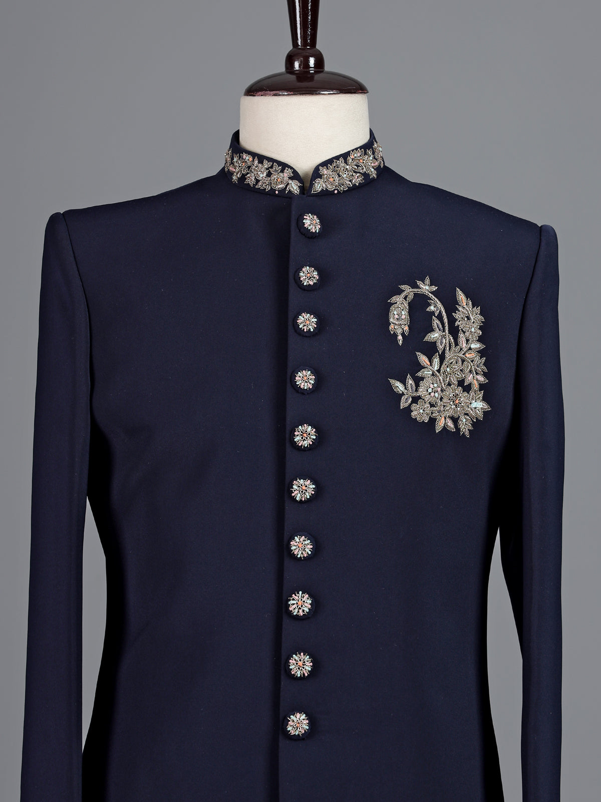 Navy terry rayon sherwani for men with zardosi collar detailing