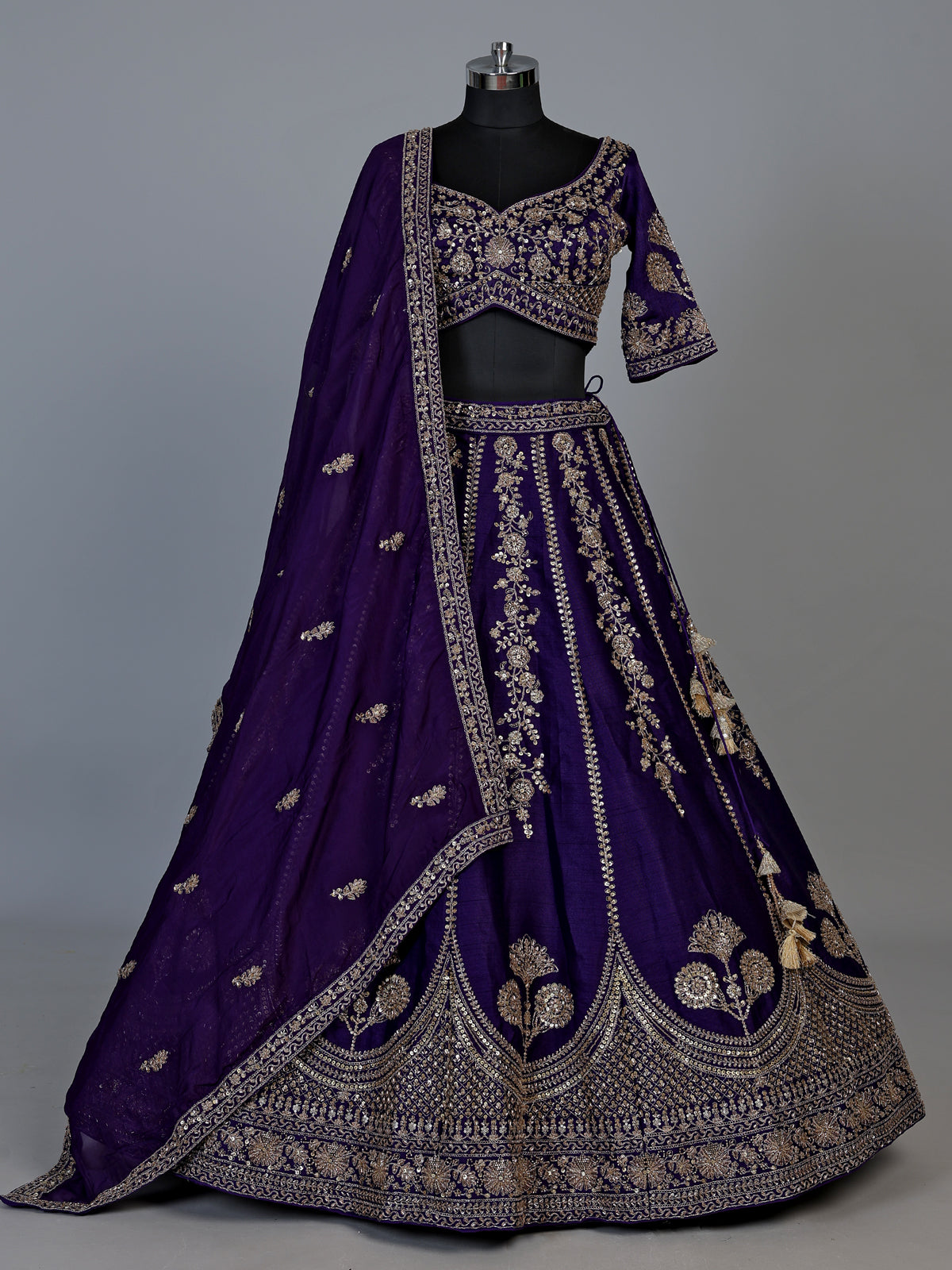 Purple raw silk lehenga choli with resham sequins detailing