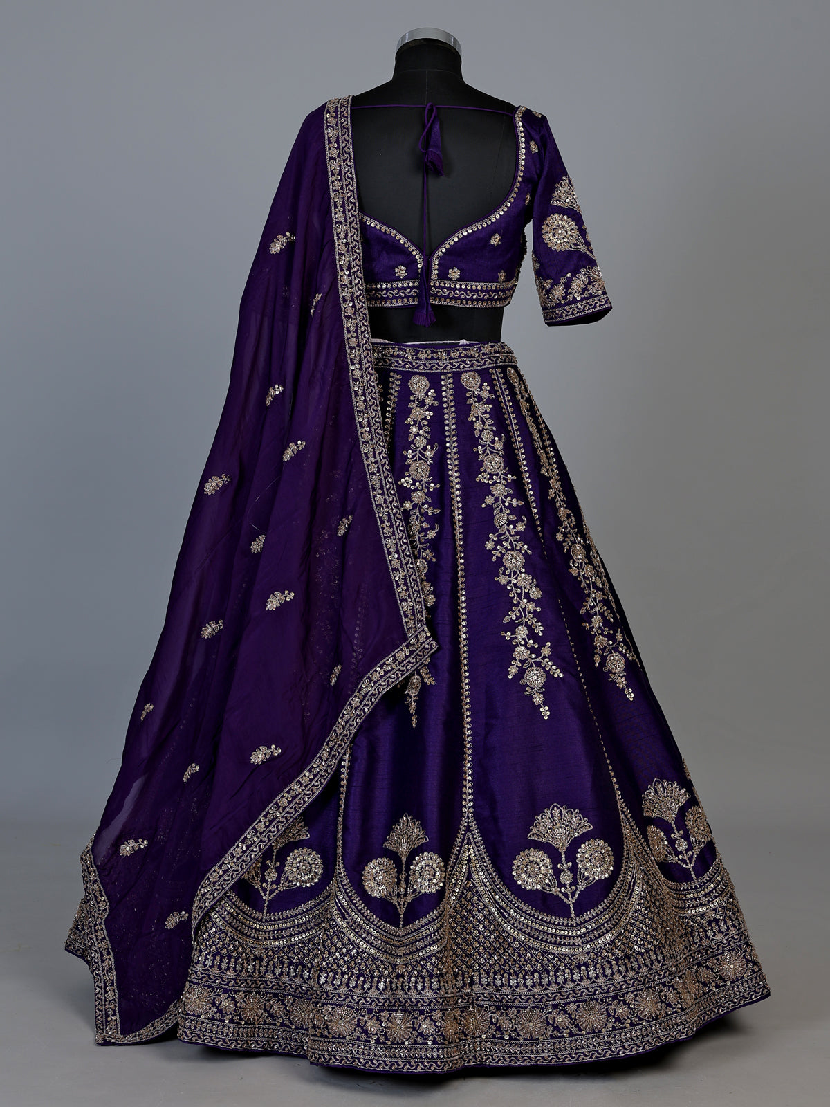Purple raw silk lehenga choli with resham sequins detailing