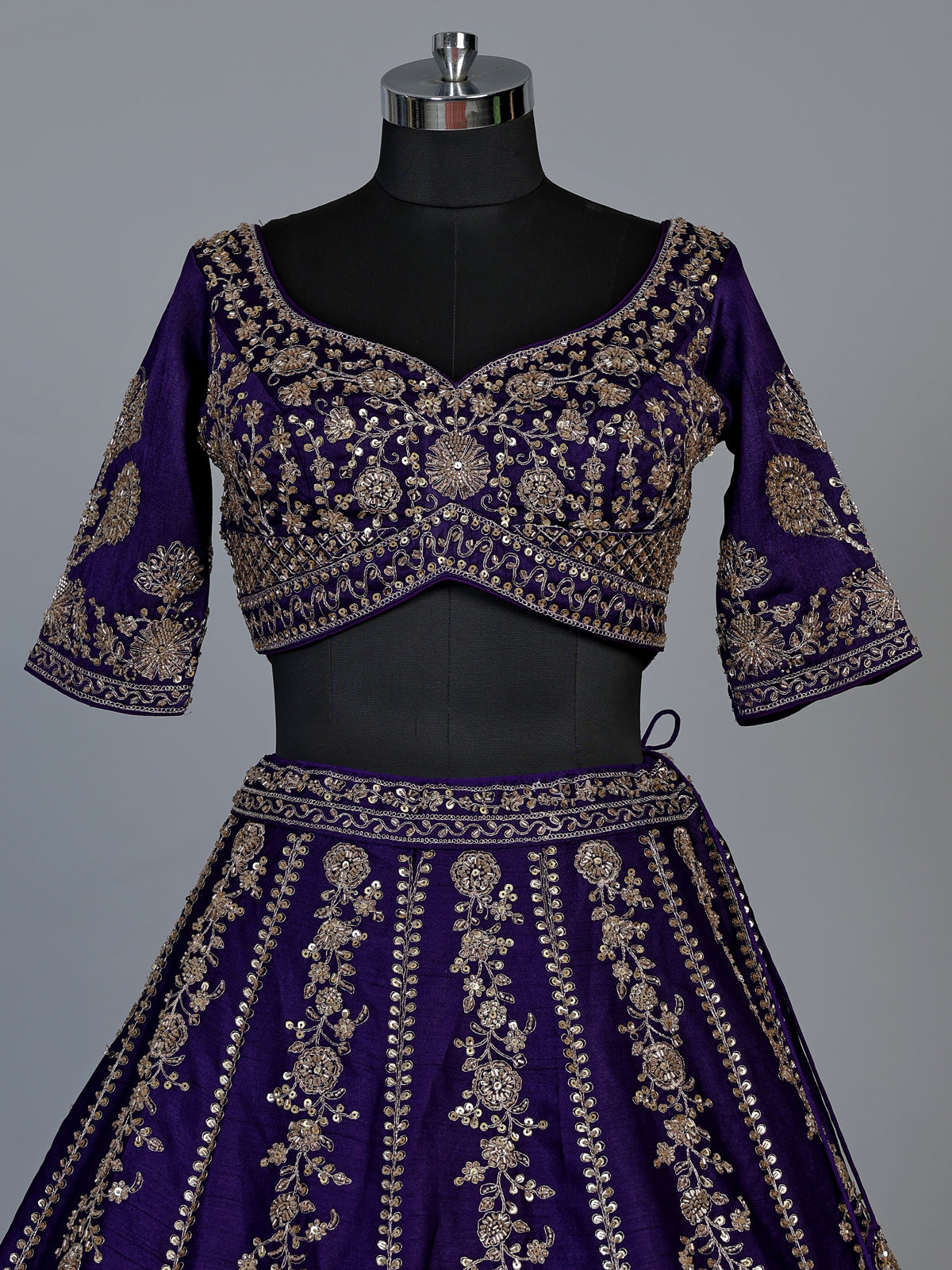 Purple raw silk lehenga choli with resham sequins detailing