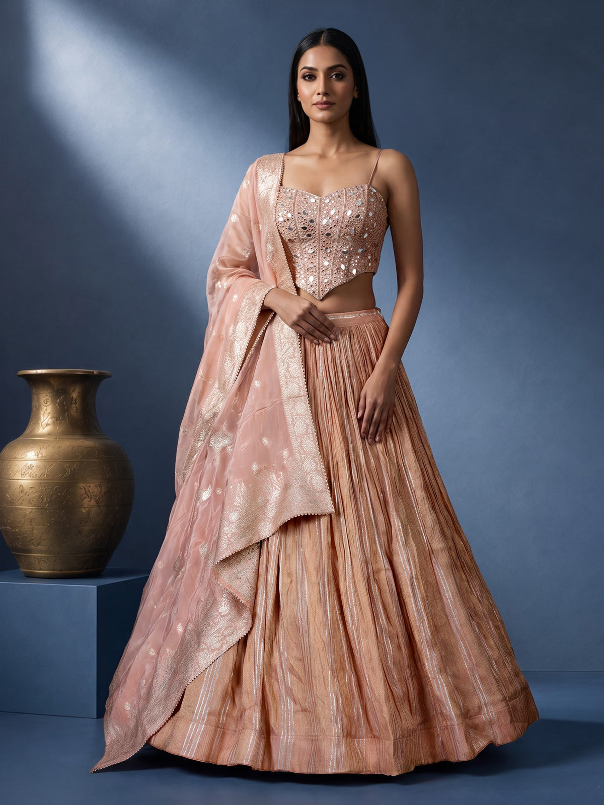 Peach chiffon silk designer lehenga choli with embellished dupatta