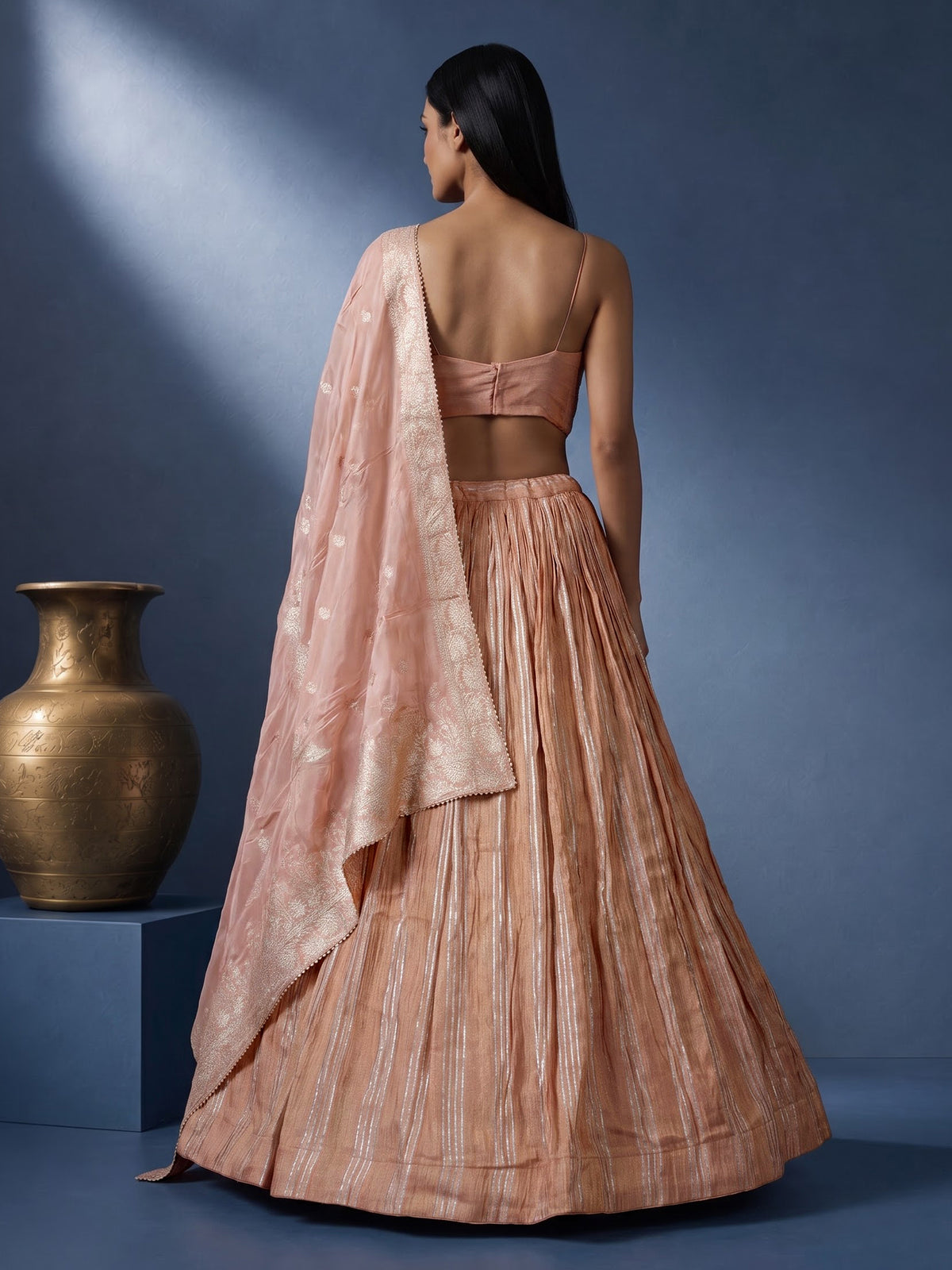 Peach chiffon silk designer lehenga choli with embellished dupatta