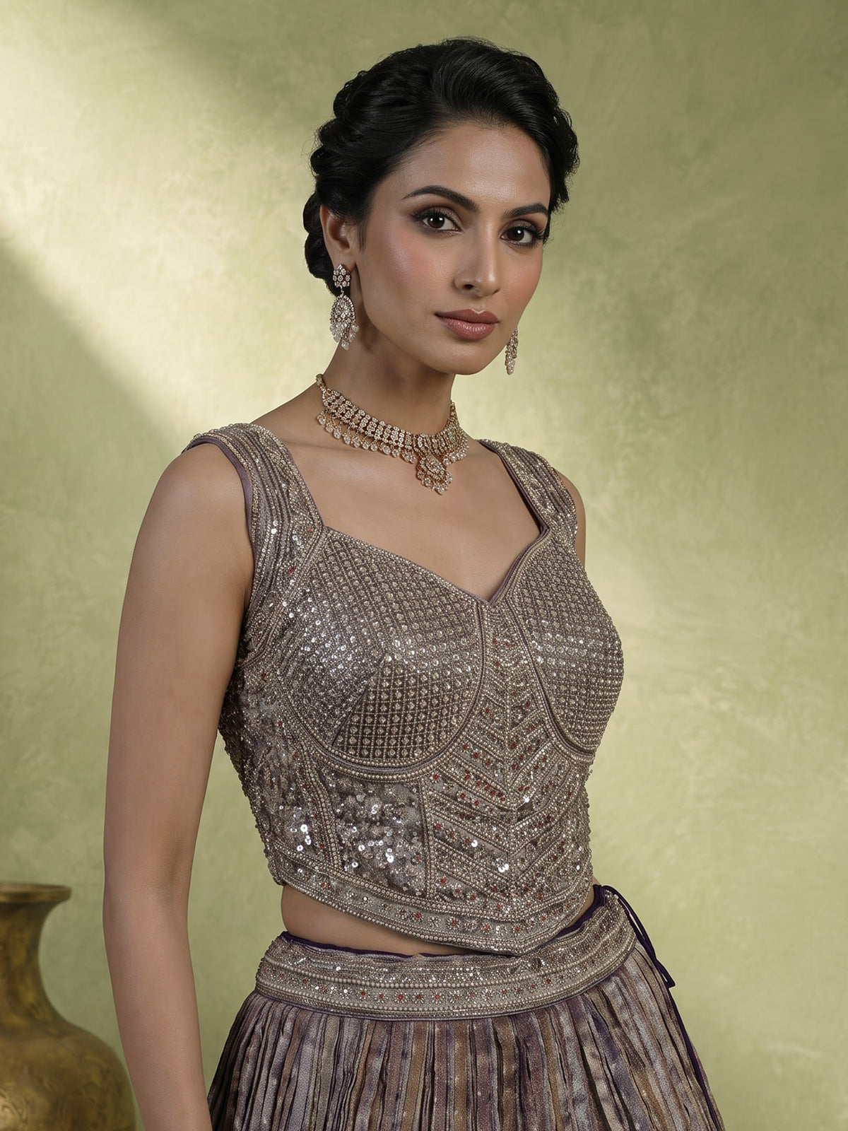 Pastel purple tissue silk lehenga choli with elegant dupatta