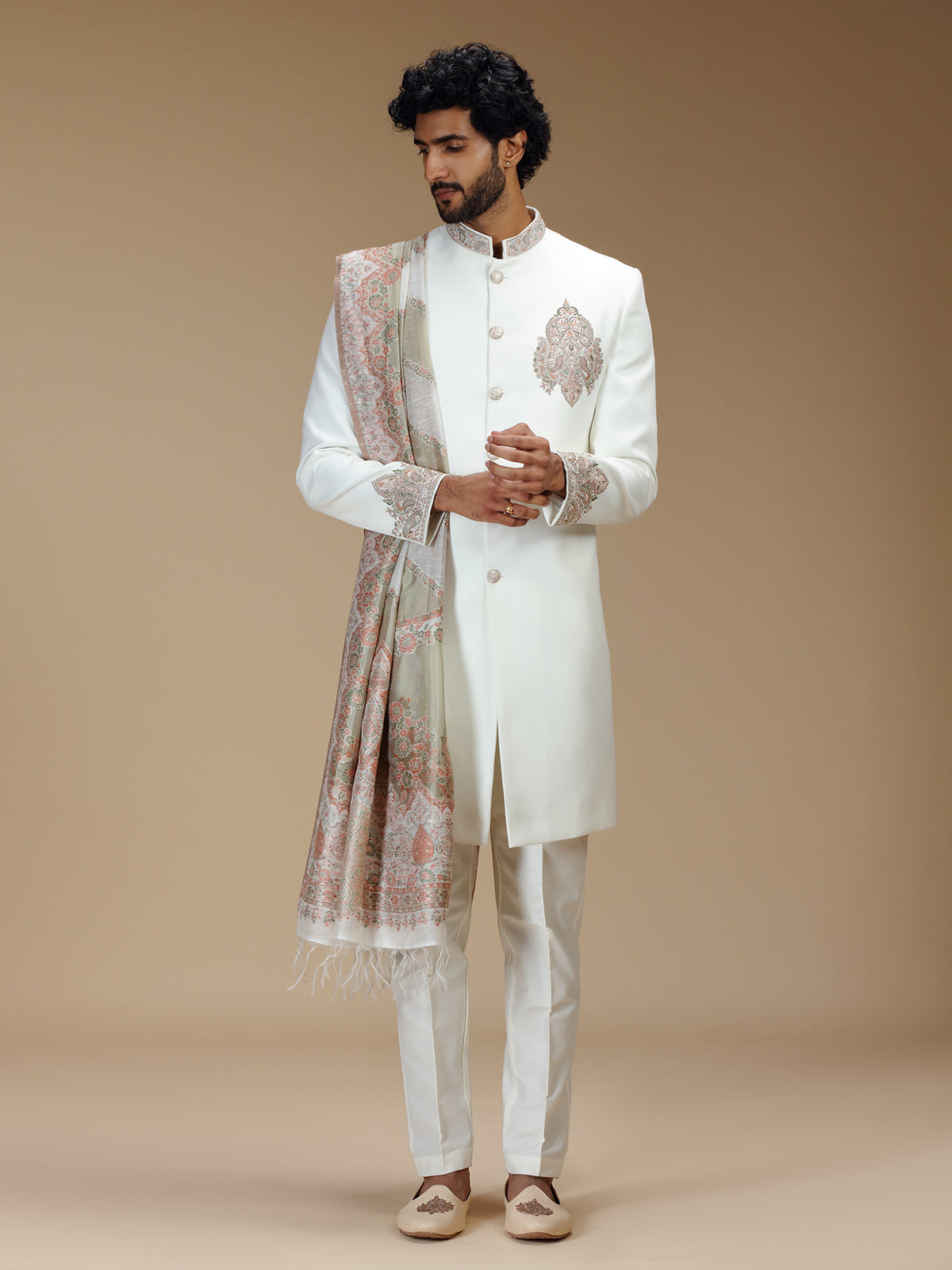 Off white polyester zardosi embroidered sherwani with dupatta for men