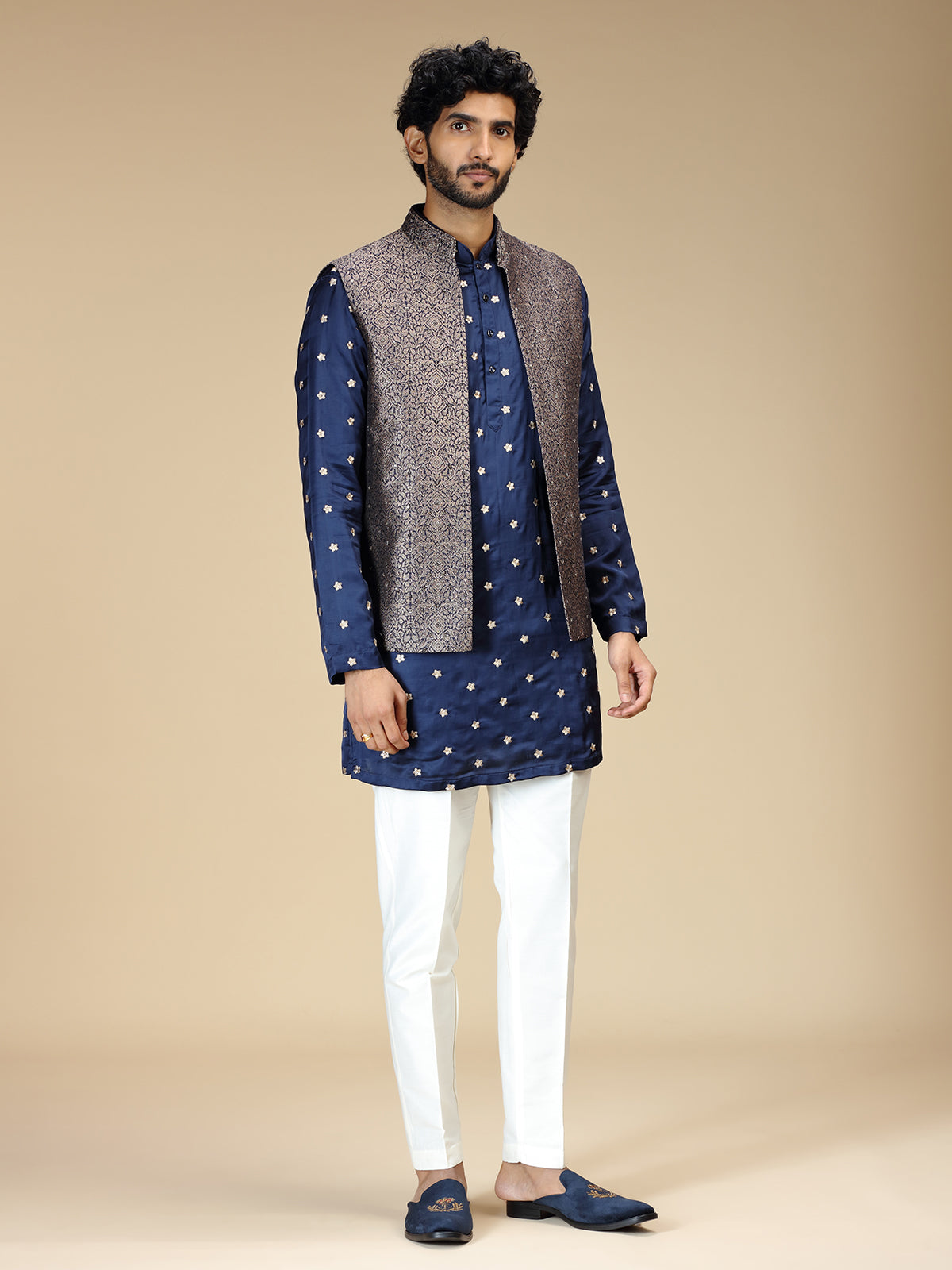 Navy blue silk embellished waistcoat set for men