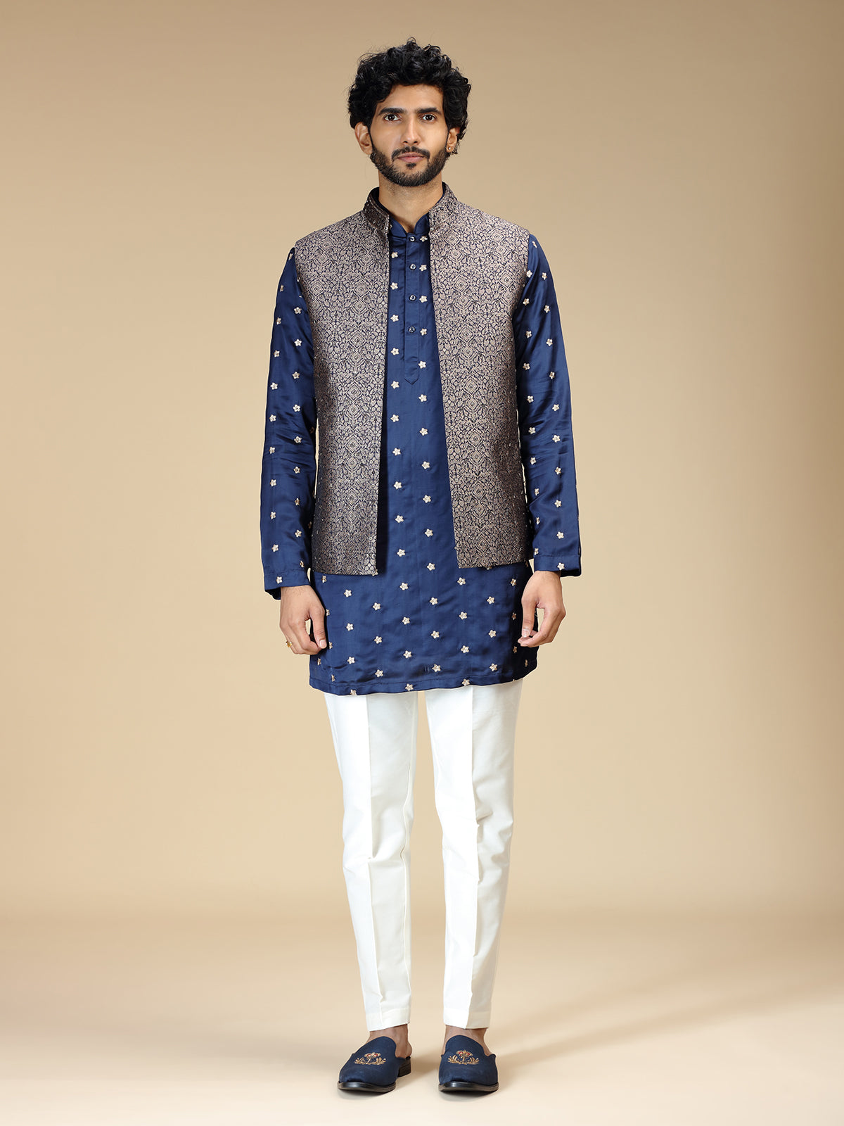 Navy blue silk embellished waistcoat set for men