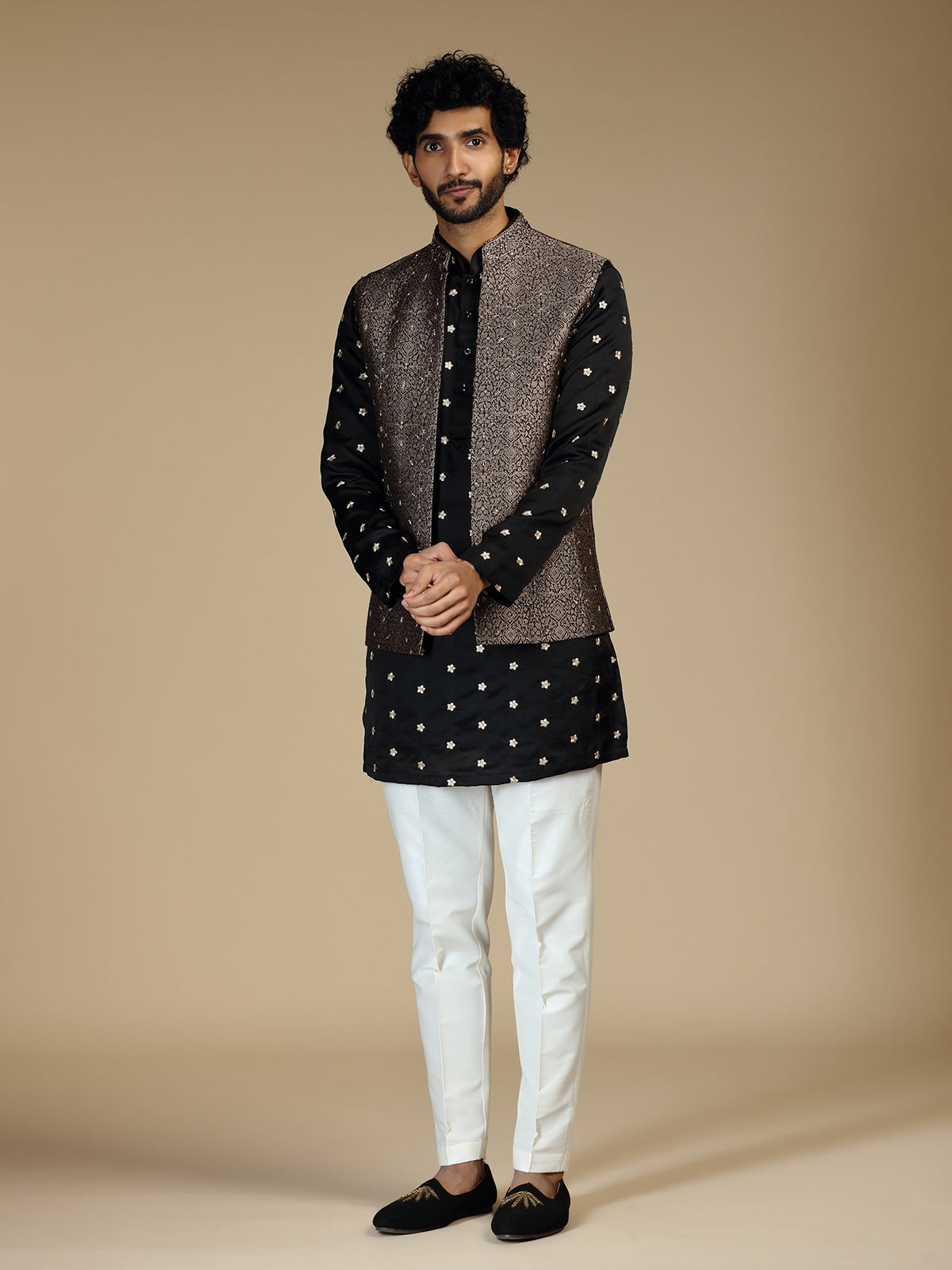 Black silk embellished waistcoat set for men