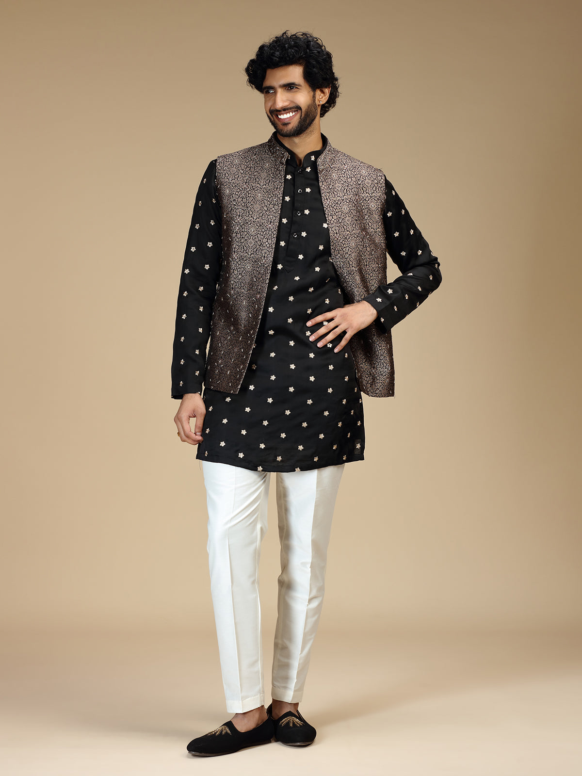 Black silk embellished waistcoat set for men