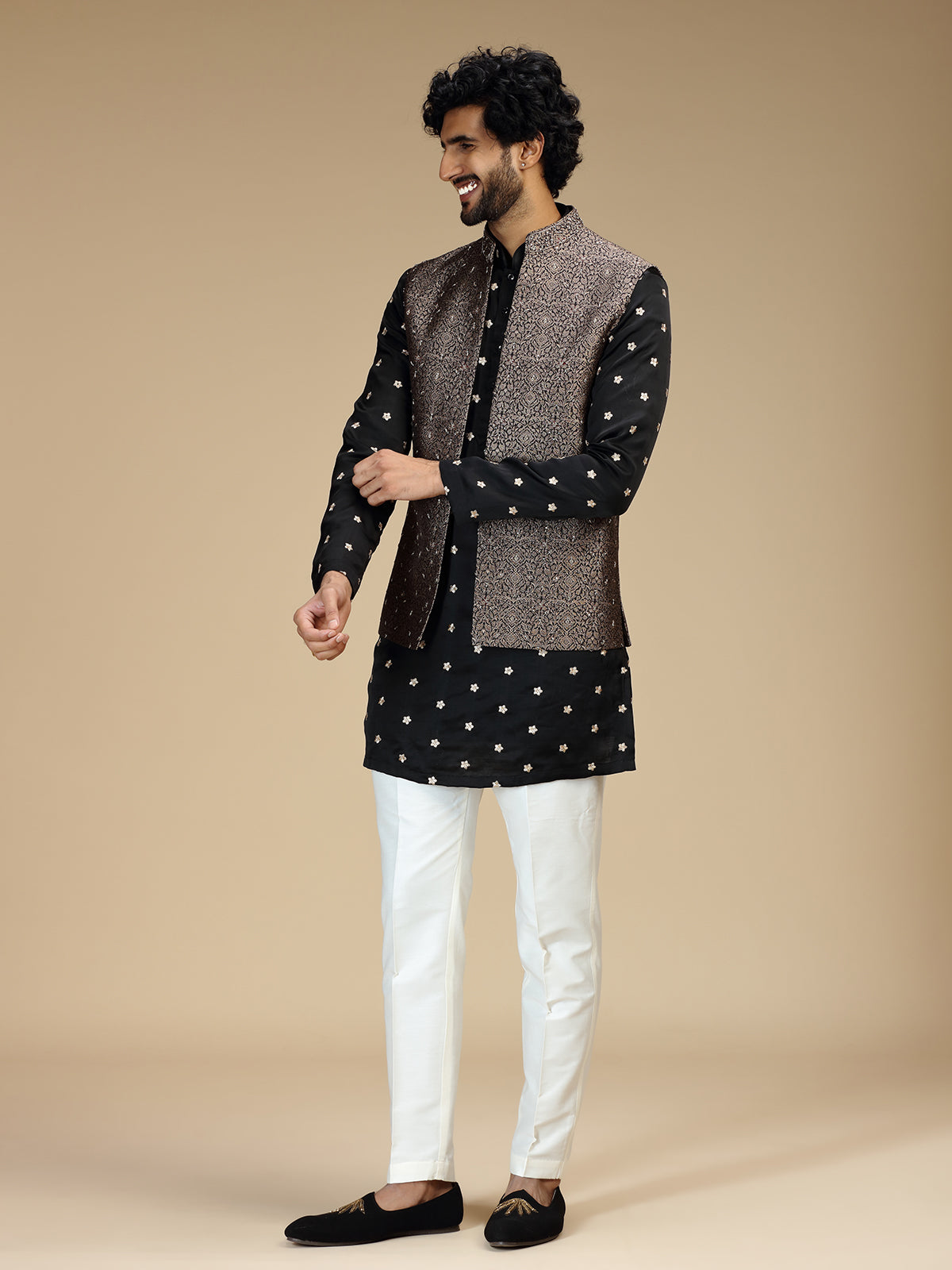 Black silk embellished waistcoat set for men
