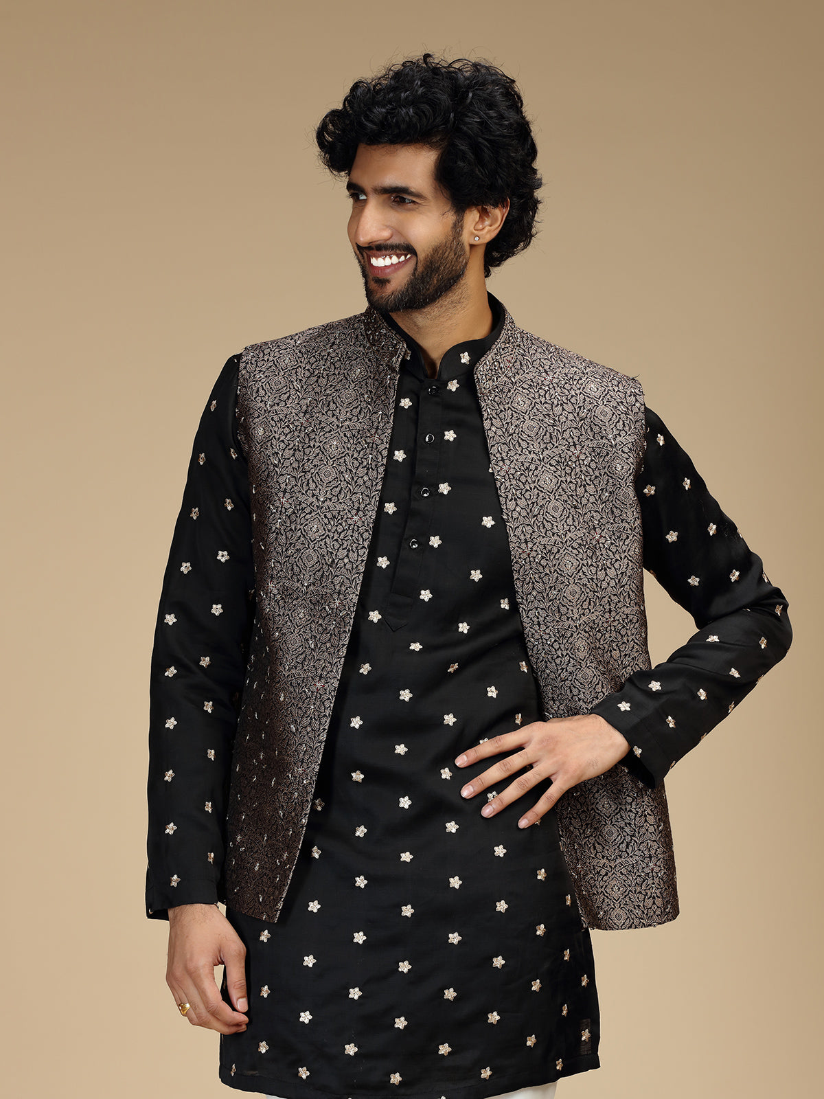 Black silk embellished waistcoat set for men