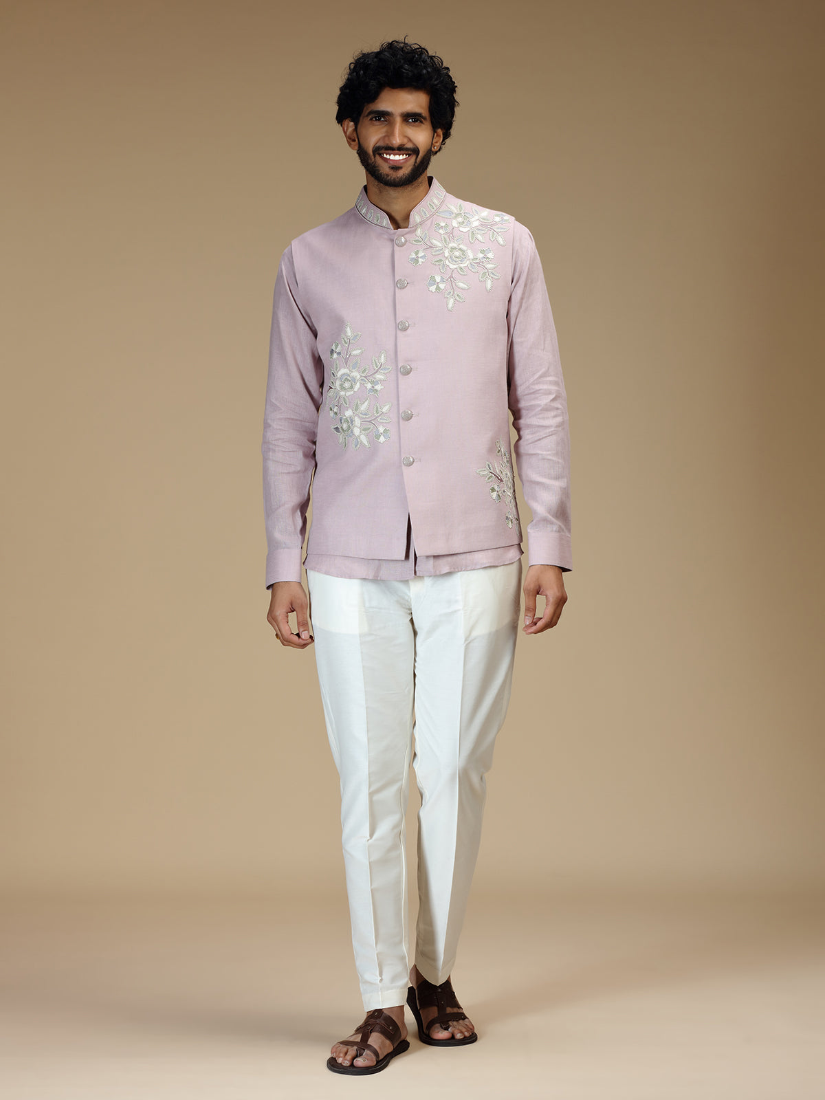 Lilac purple linen floral waistcoat set for men