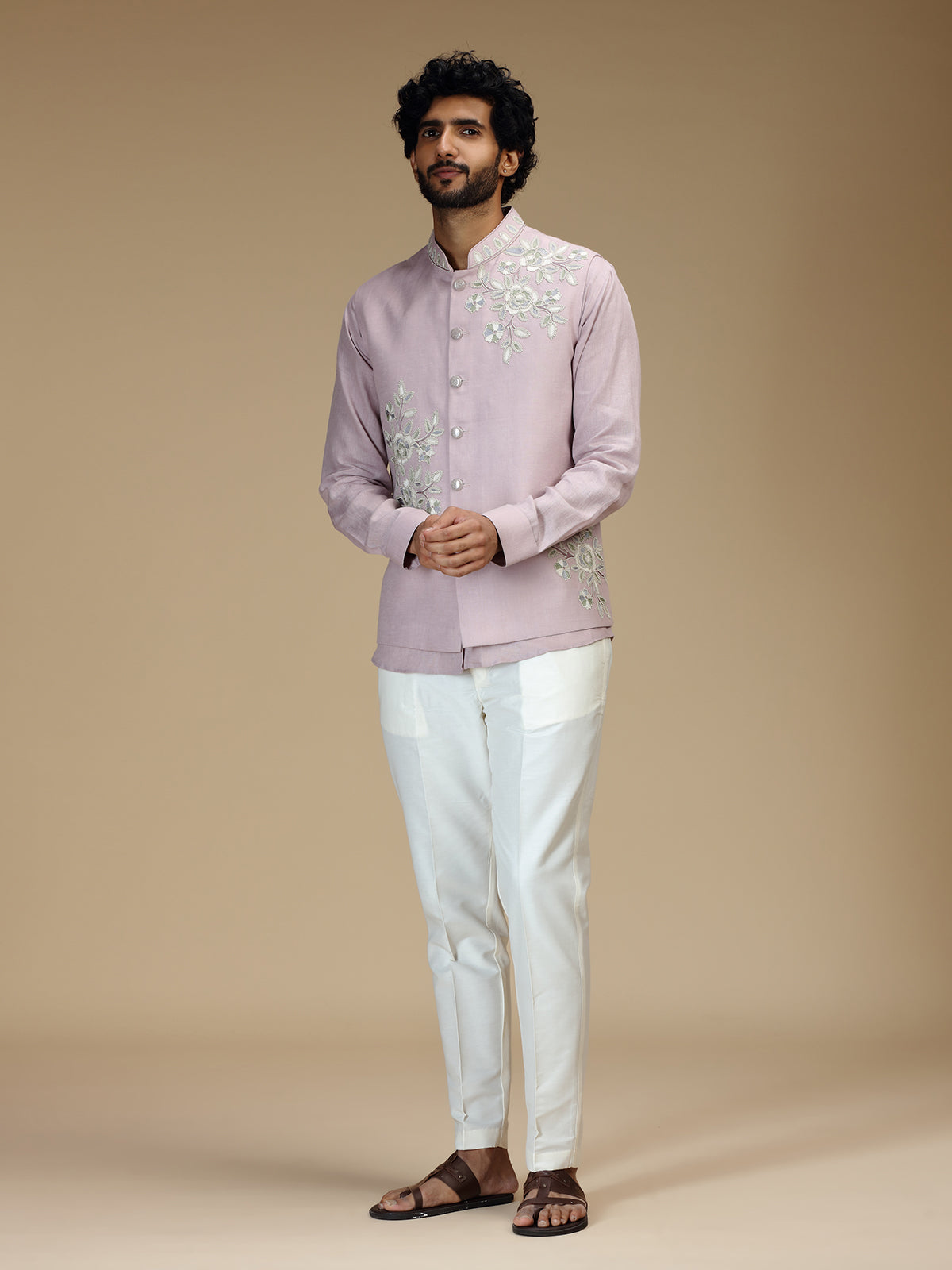 Lilac purple linen floral waistcoat set for men