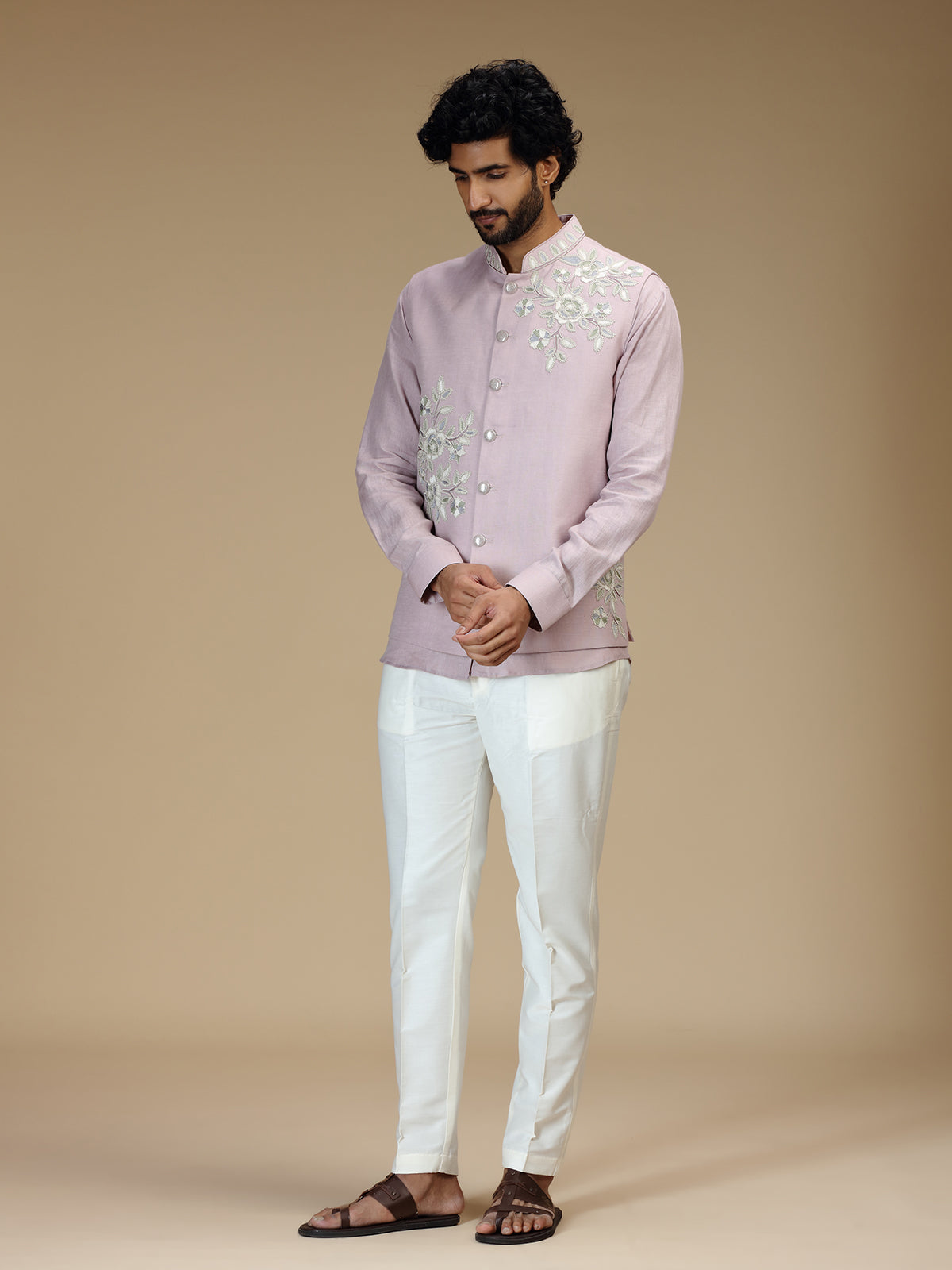 Lilac purple linen floral waistcoat set for men