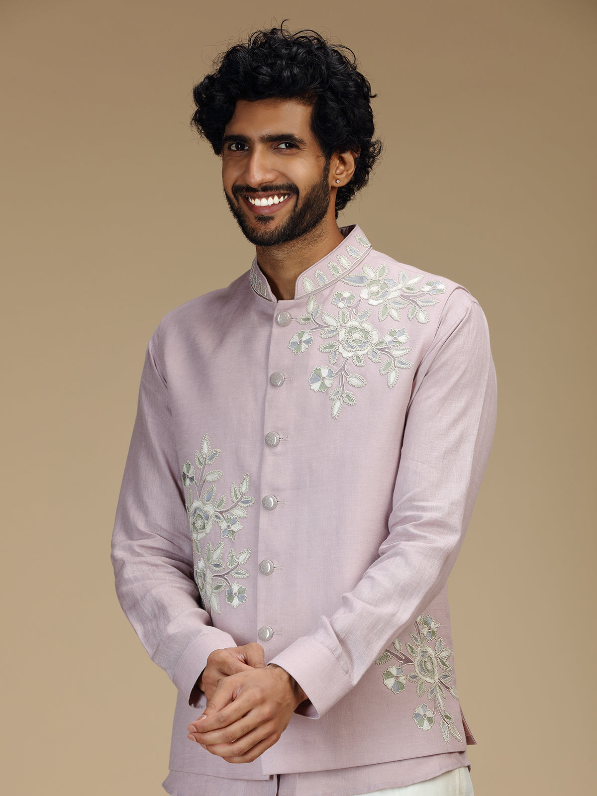 Lilac purple linen floral waistcoat set for men
