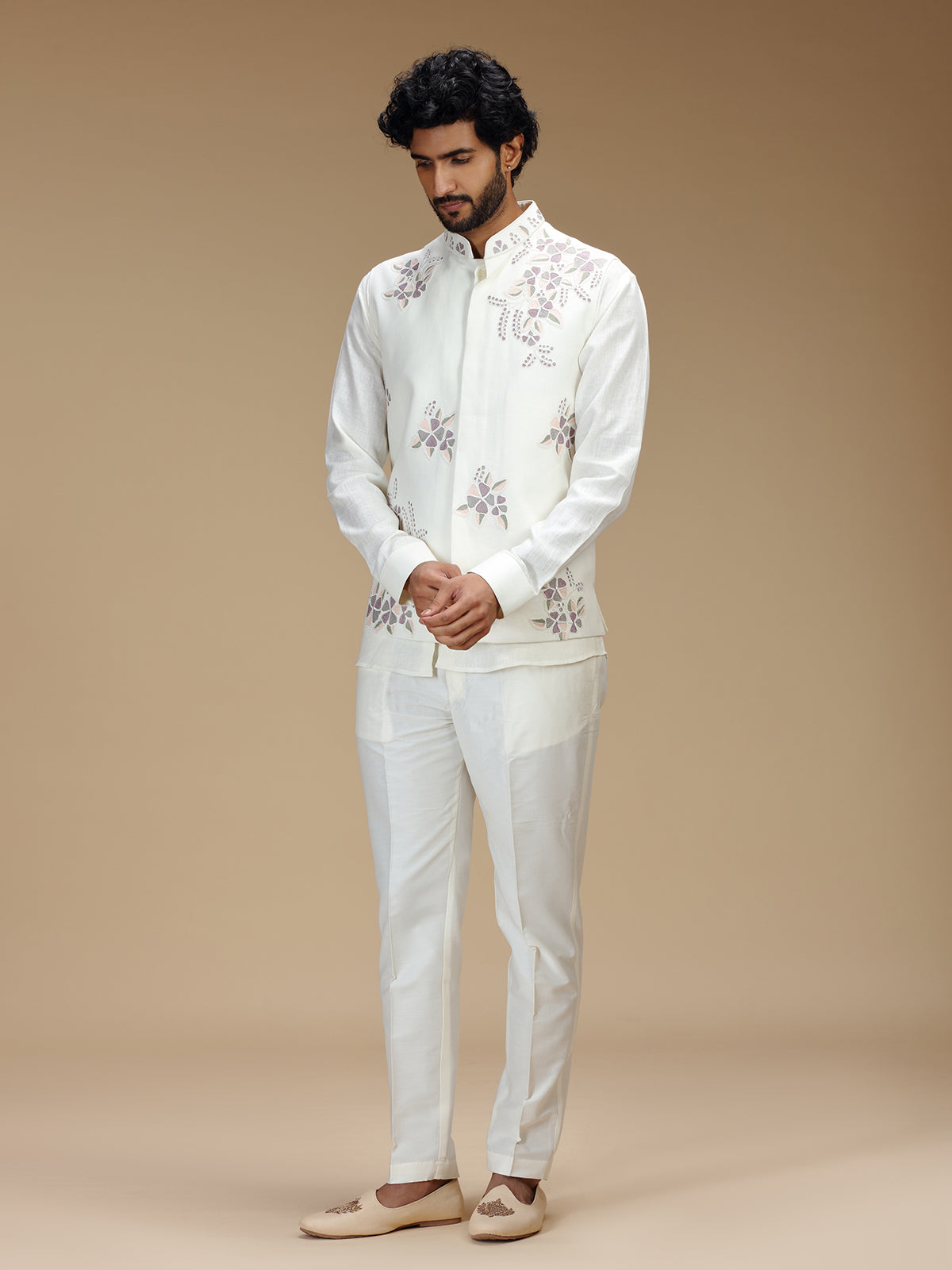Cream linen floral embroidered waistcoat set for men