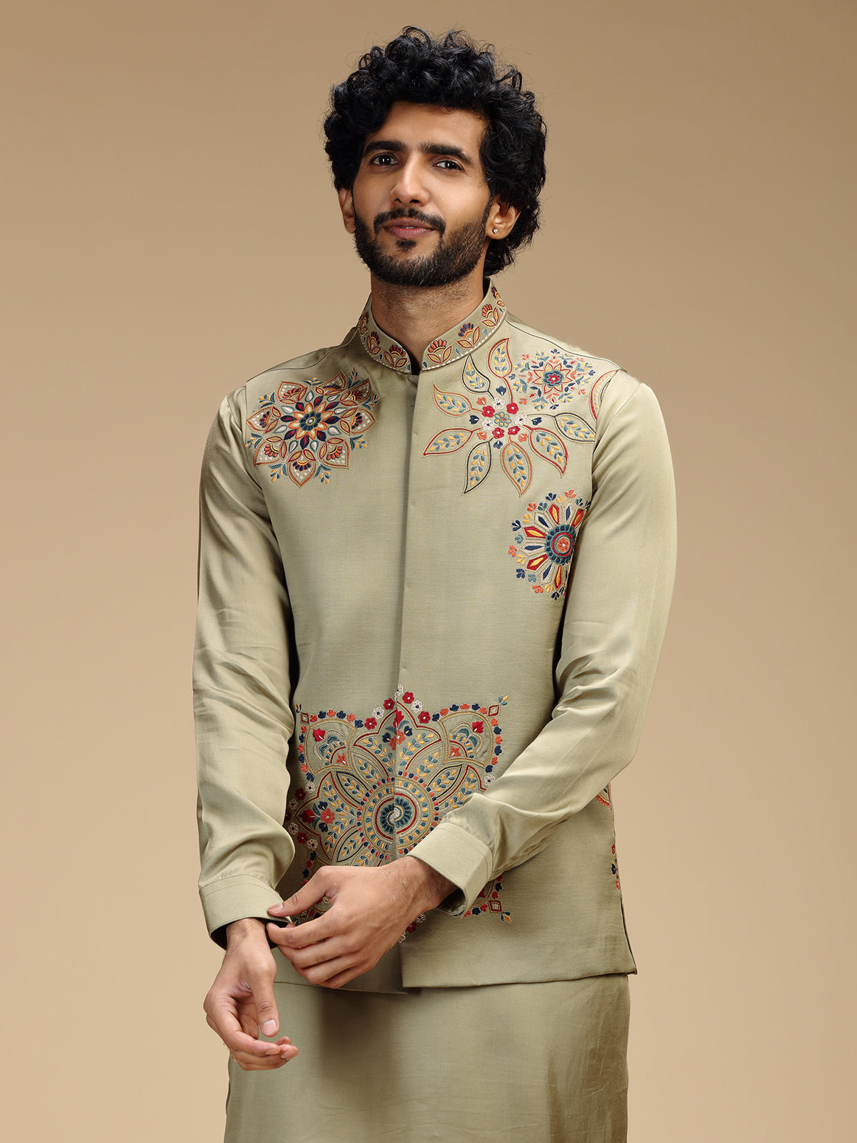 Pista green linen satin embroidered waistcoat set for men