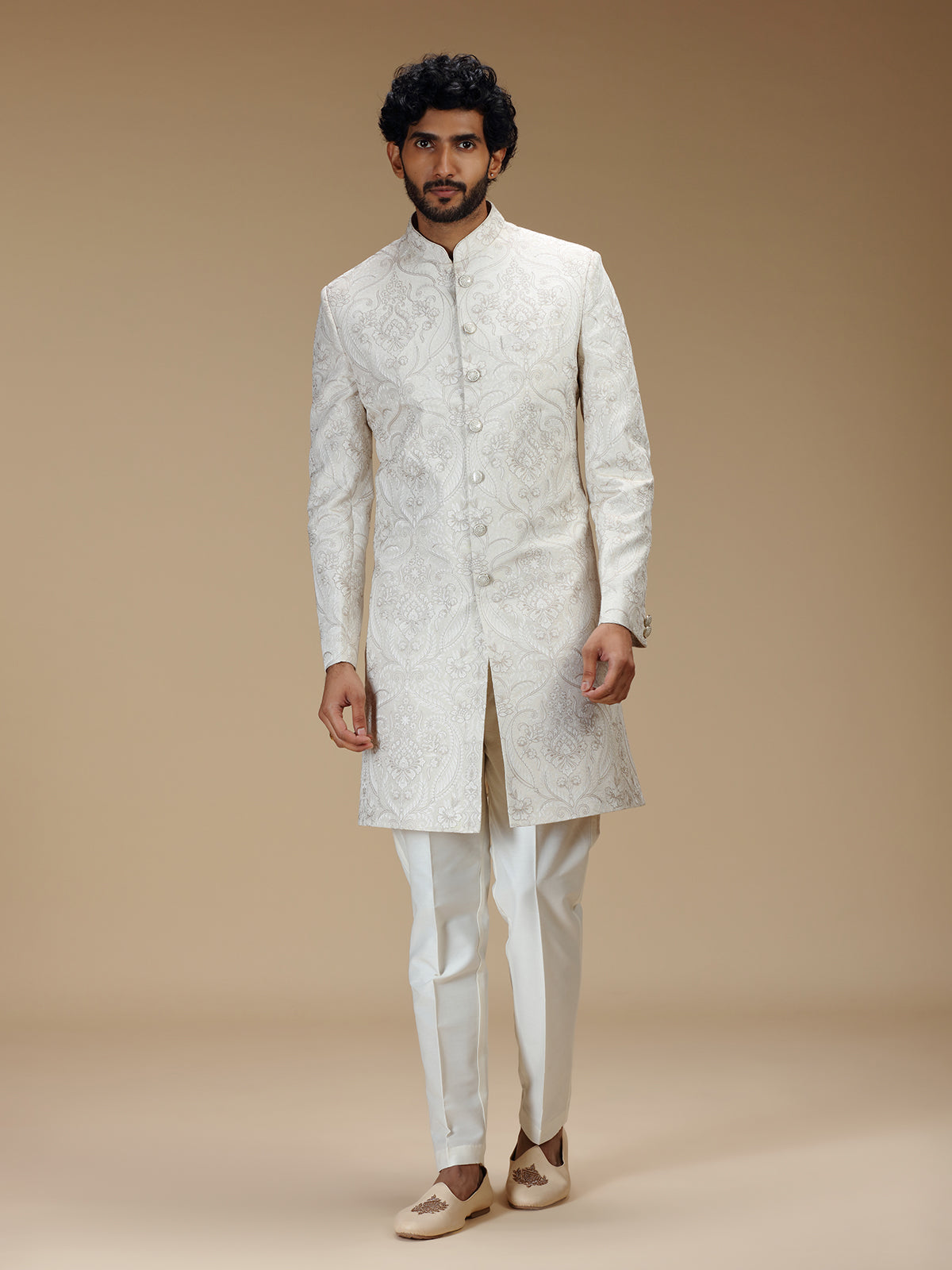 Elegant off white mens indo western brocade suit