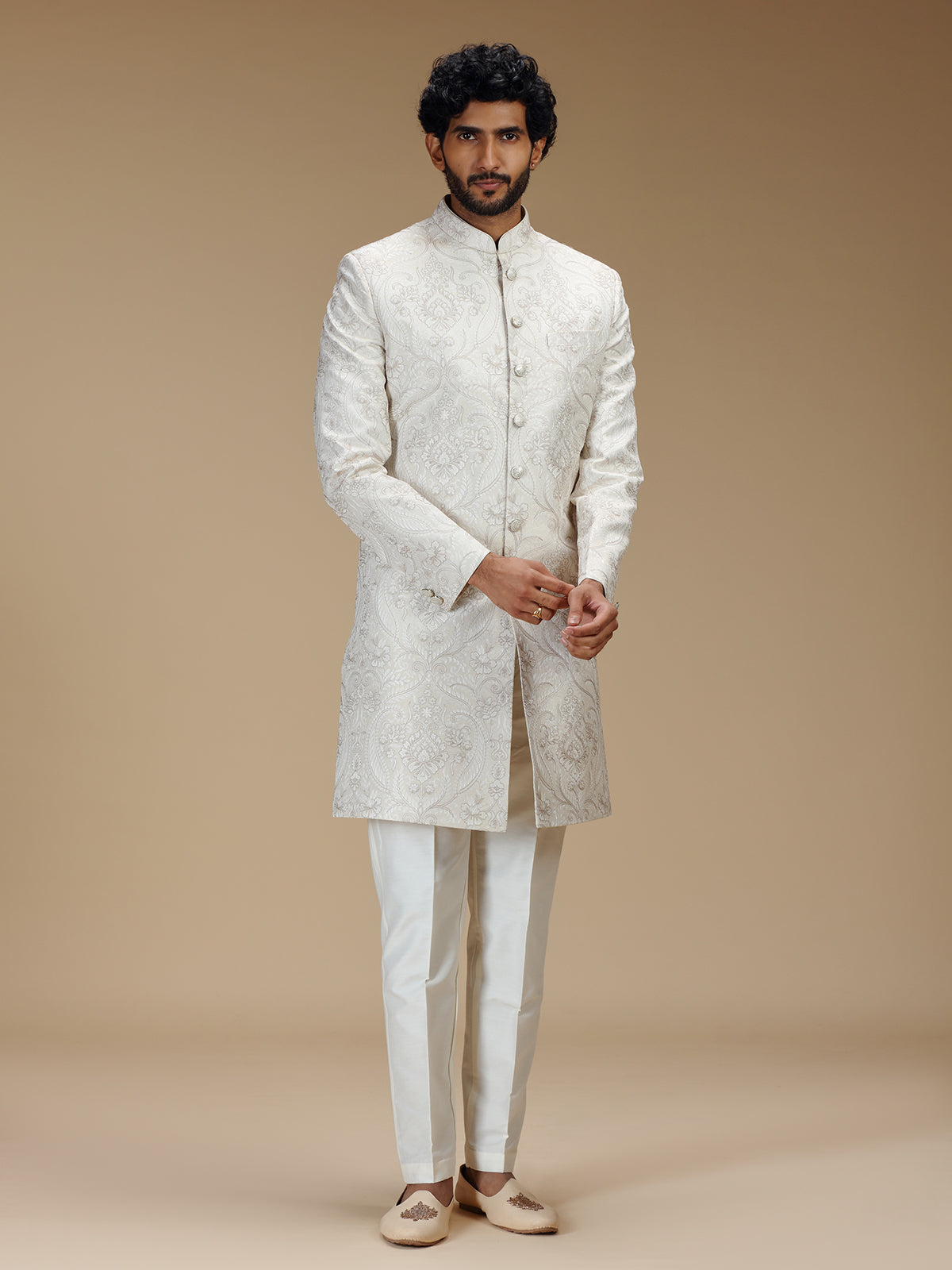 Elegant off white mens indo western brocade suit