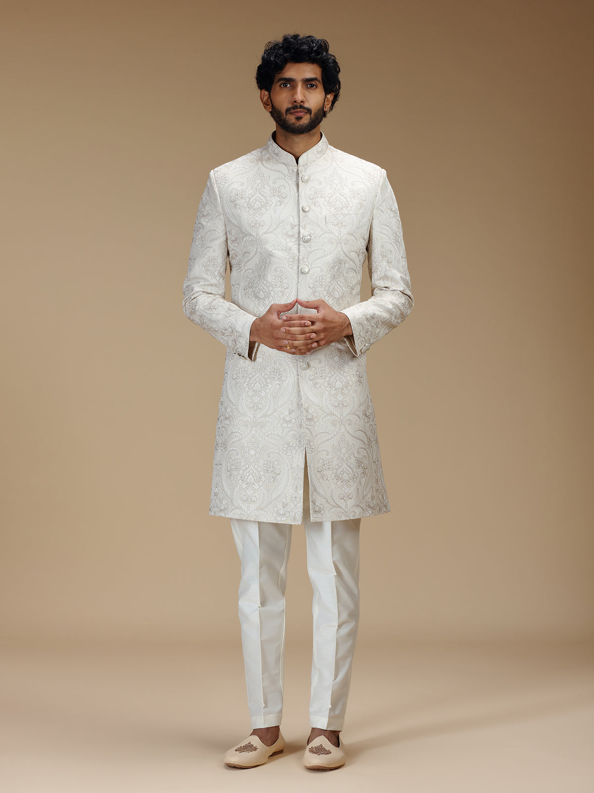 Elegant off white mens indo western brocade suit