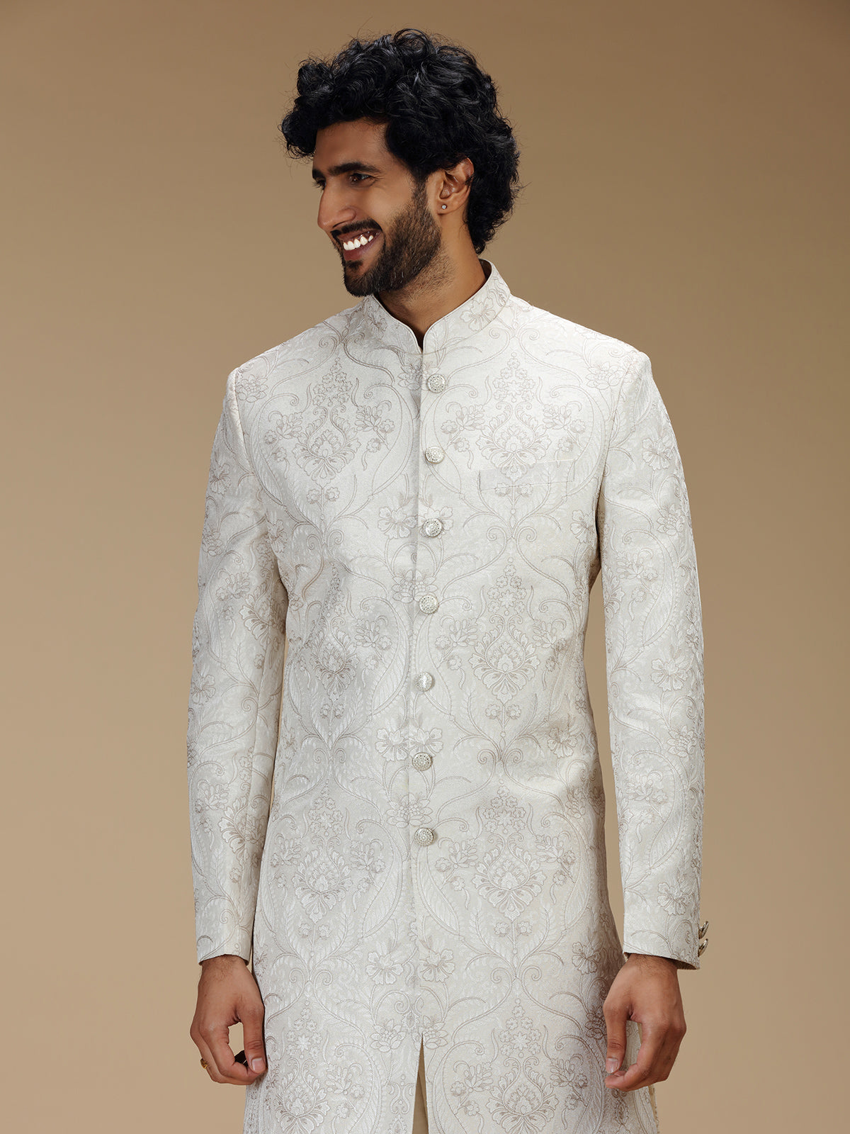 Elegant off white mens indo western brocade suit