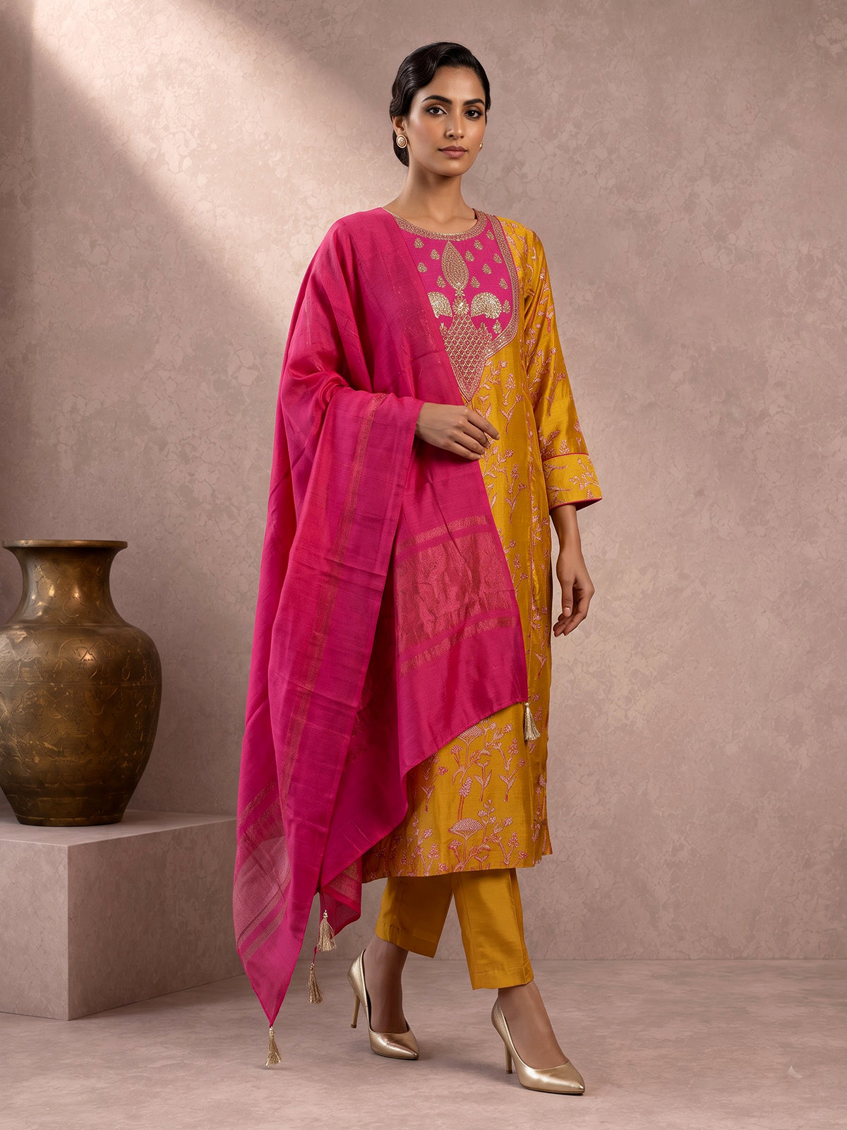 Mustard yellow silk printed anarkali suit with dupatta