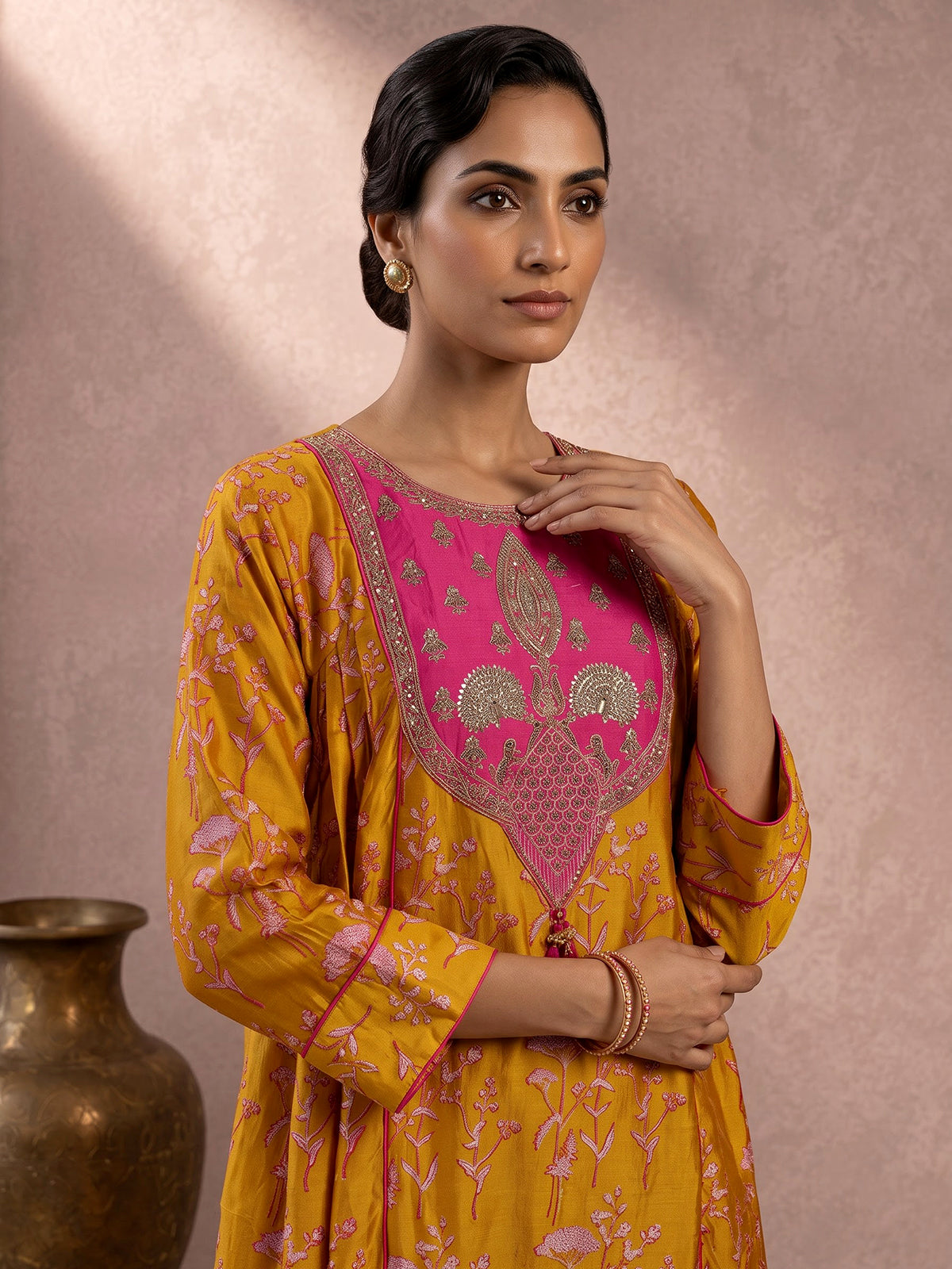 Mustard yellow silk printed anarkali suit with dupatta