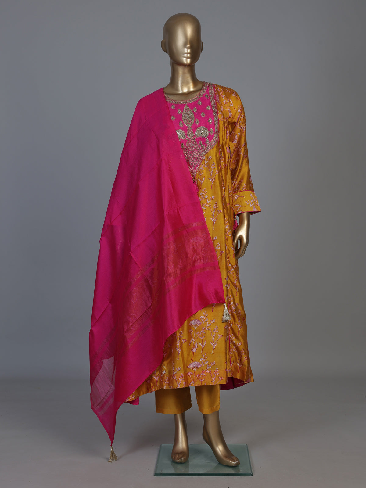 Mustard yellow silk printed anarkali suit with dupatta