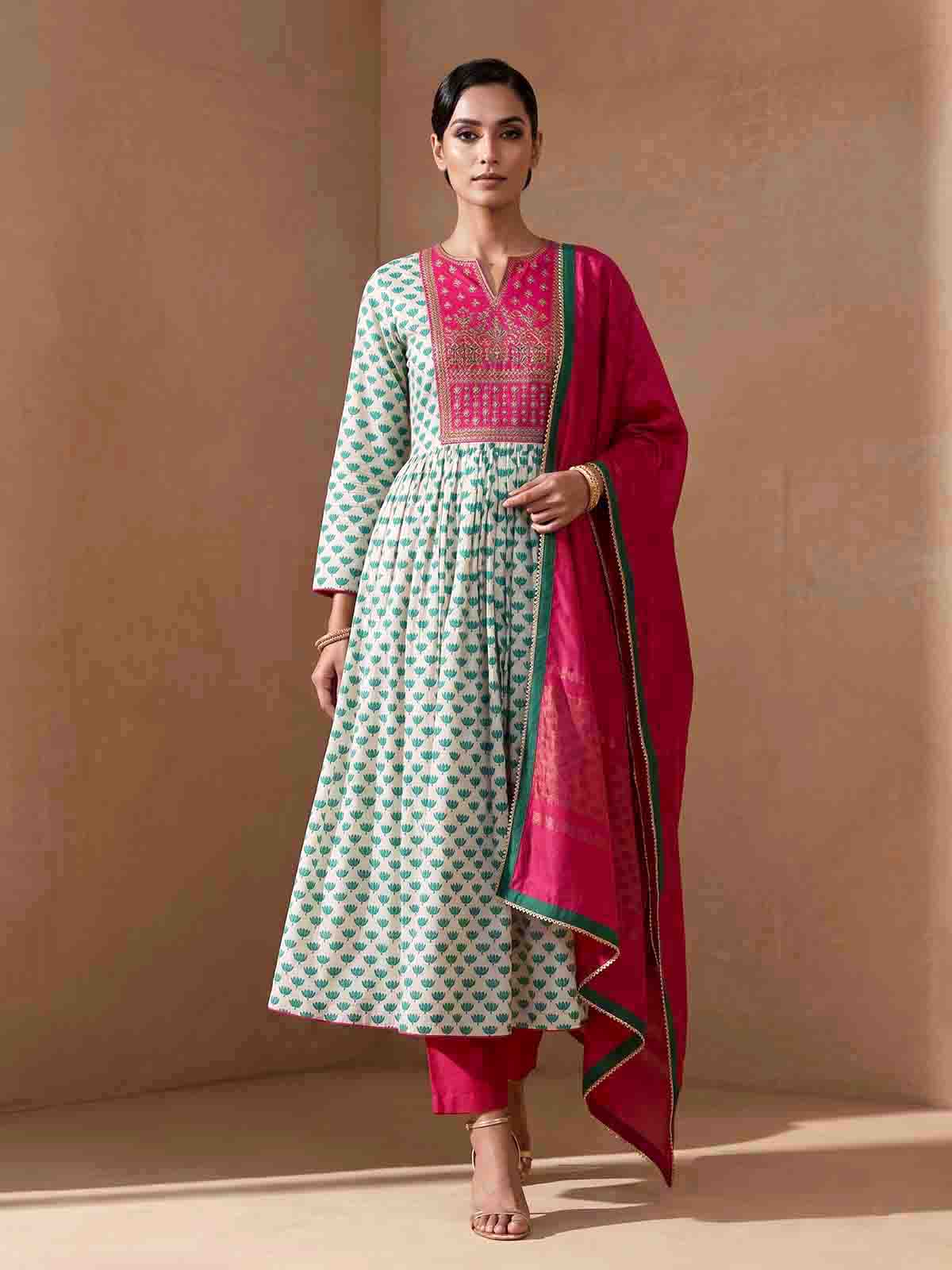 Green silk printed anarkali style suit with dupatta