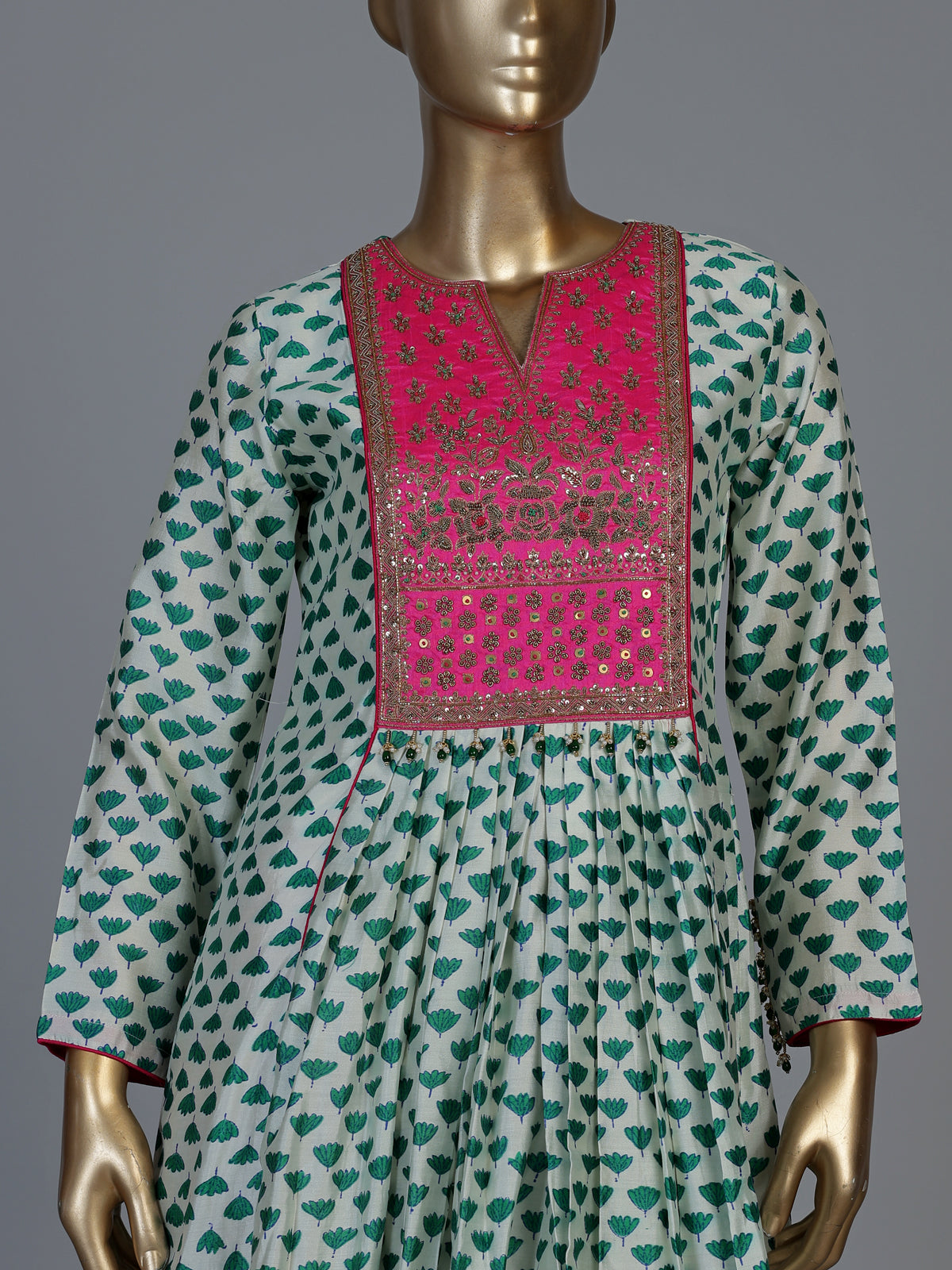 Green silk printed anarkali style suit with dupatta