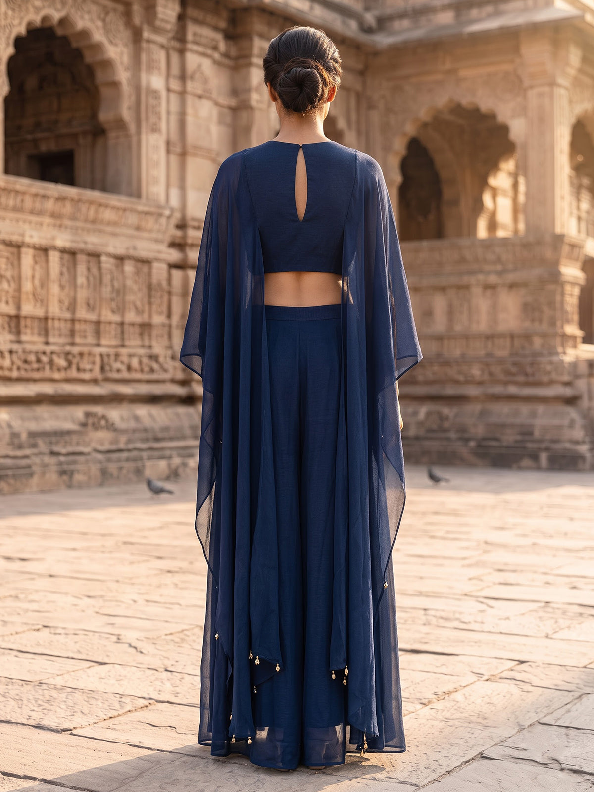 Peacock blue chinon silk indowestern suit for celebrations