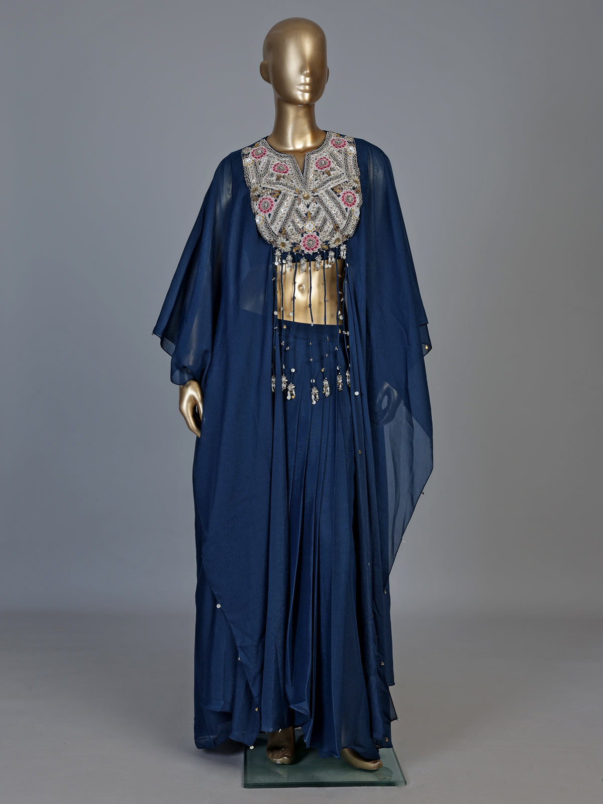 Peacock blue chinon silk indowestern suit for celebrations