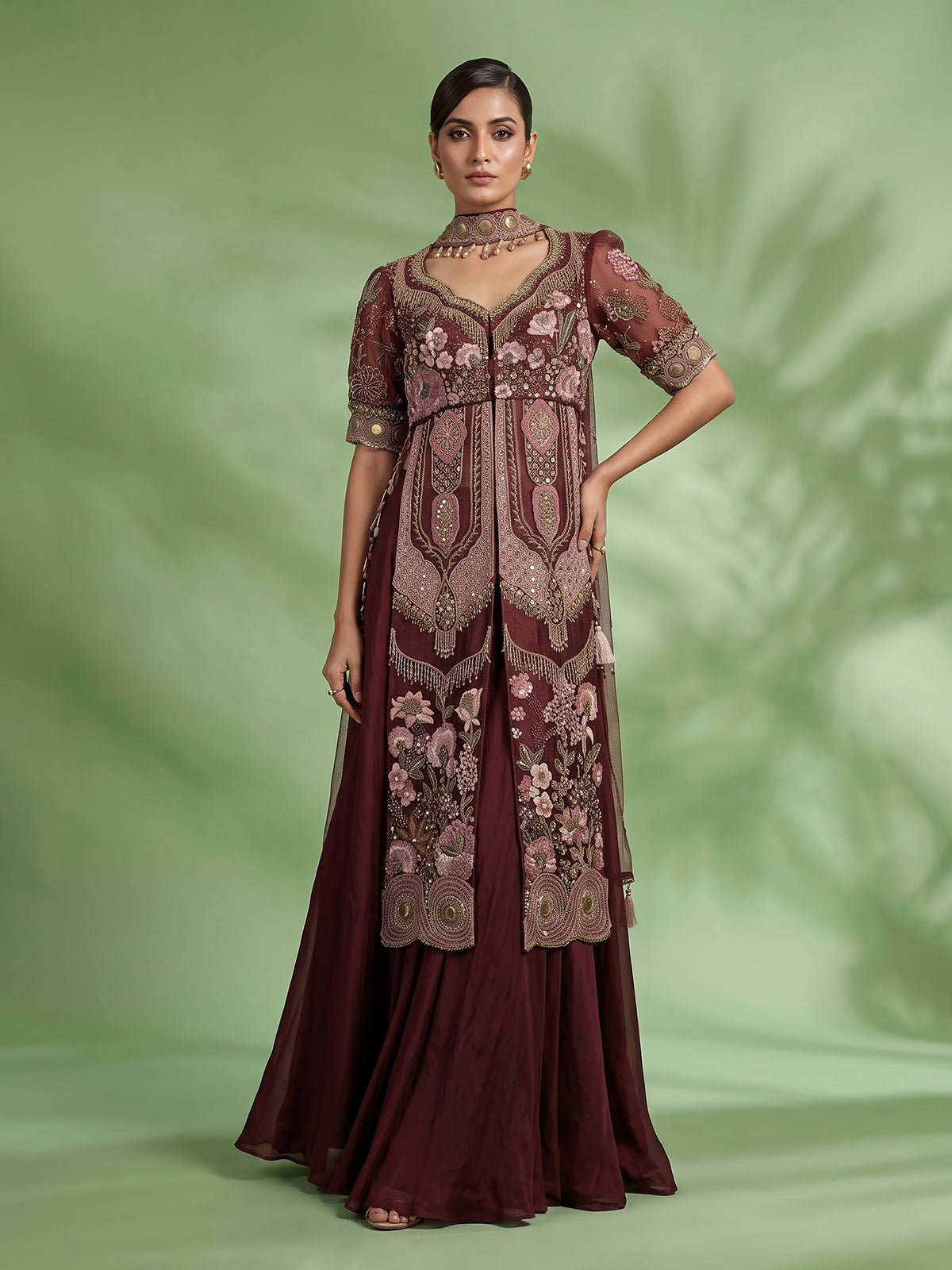 Maroon silk designer palazzo suit with dupatta for weddings