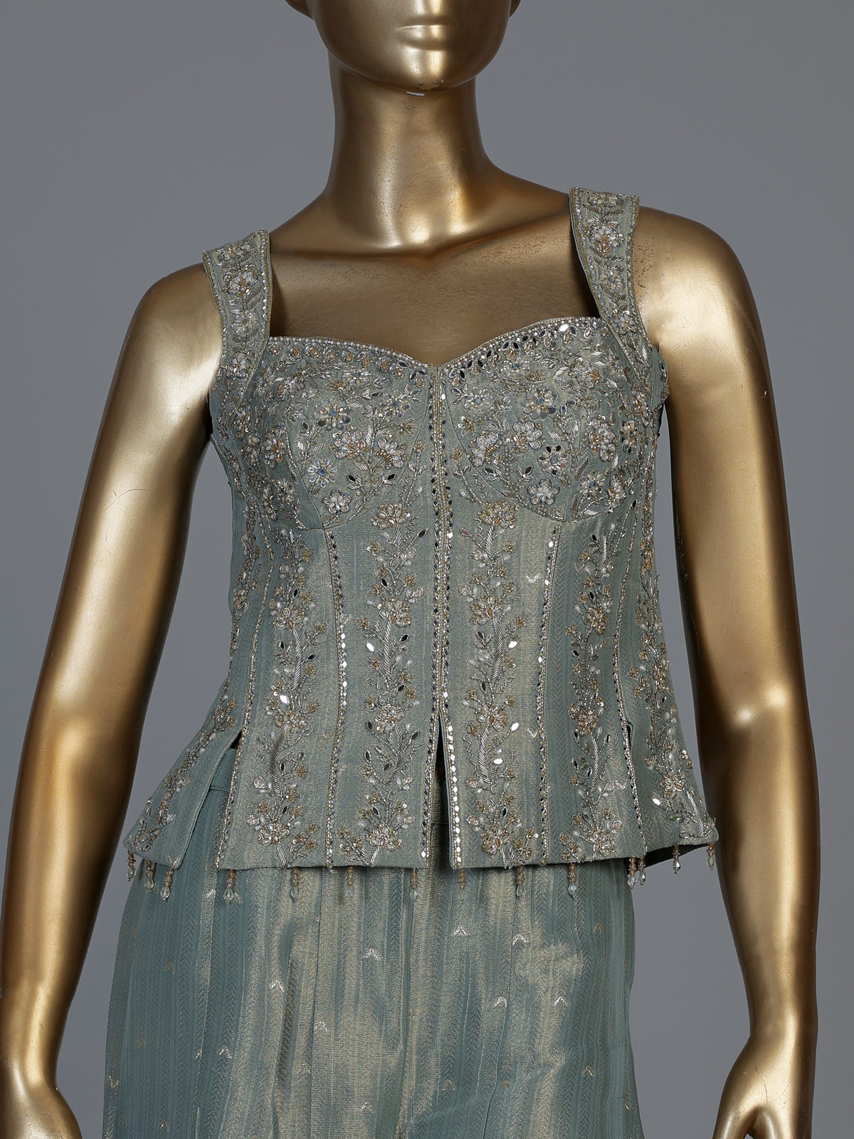 Pastel green tissue silk designer palazzo suit with embellished dupatta