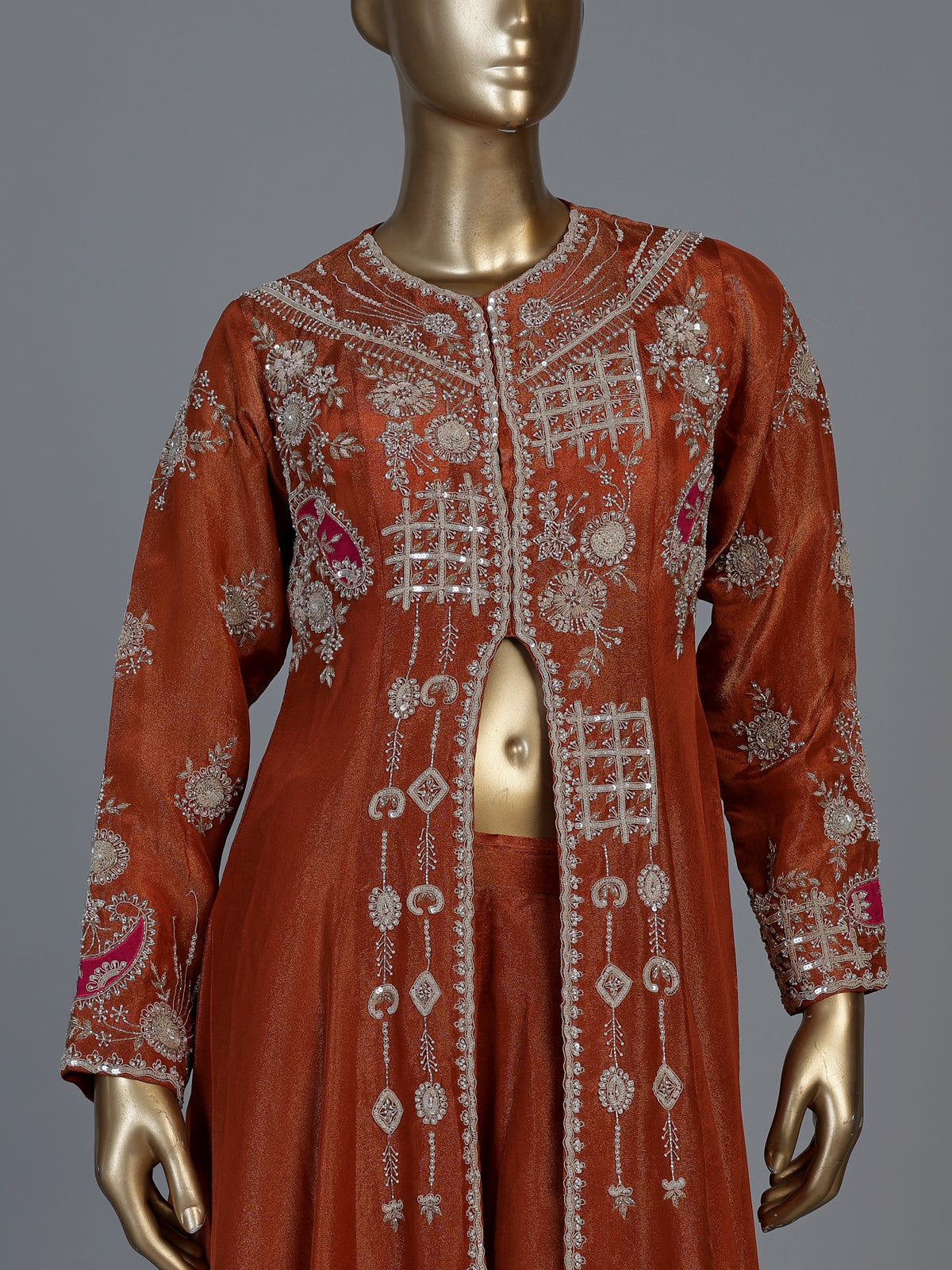 Rust orange tusser silk blend designer palazzo suit with dupatta