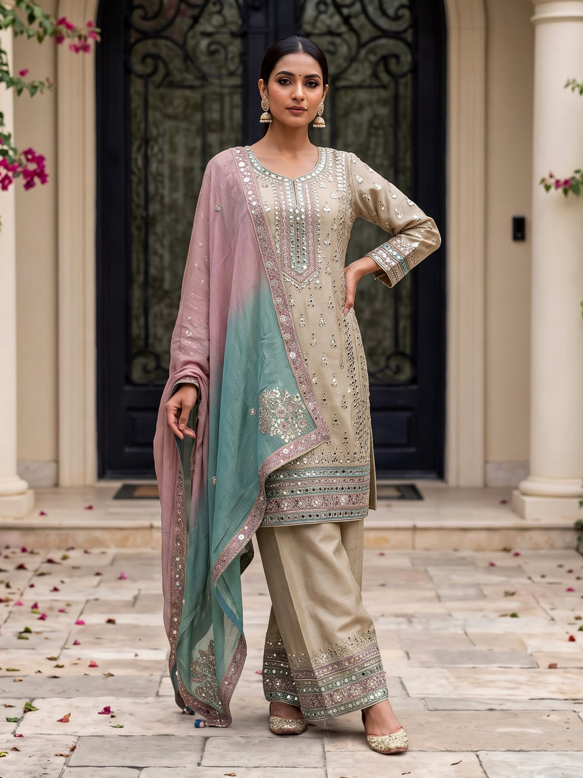Beige pakistani style chanderi silk salwar suit with multicolor dupatta