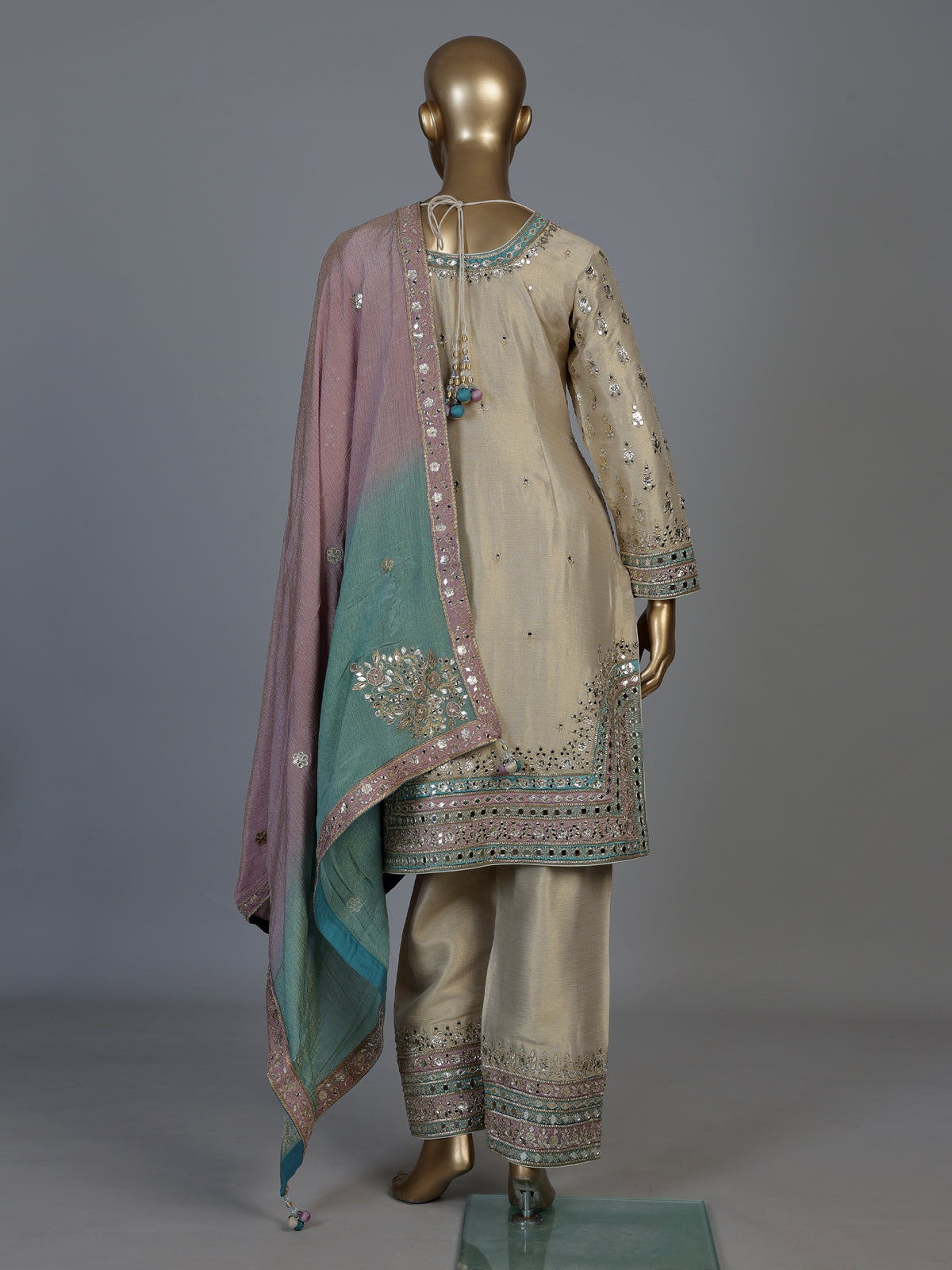 Beige pakistani style chanderi silk salwar suit with multicolor dupatta