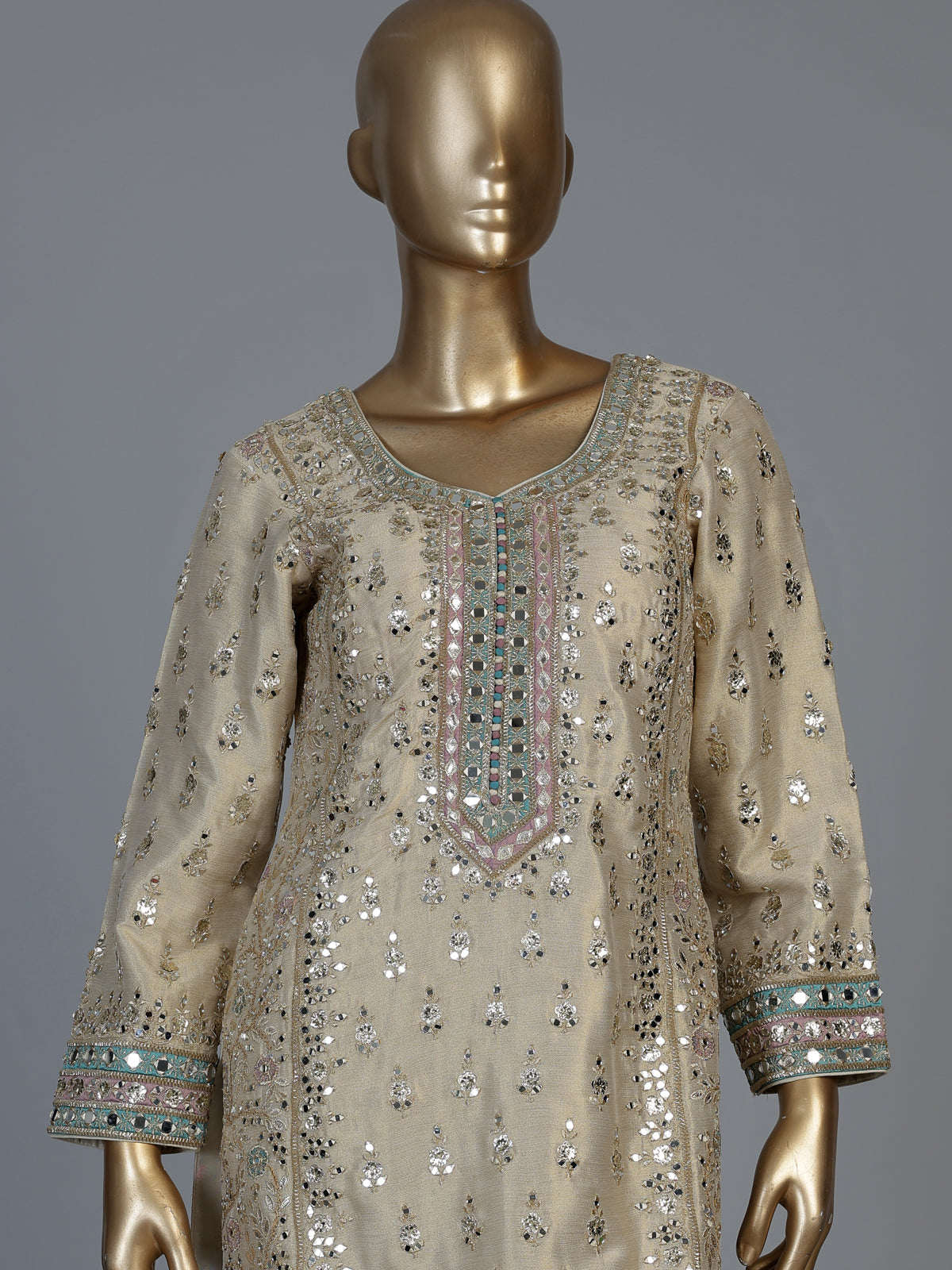 Beige pakistani style chanderi silk salwar suit with multicolor dupatta