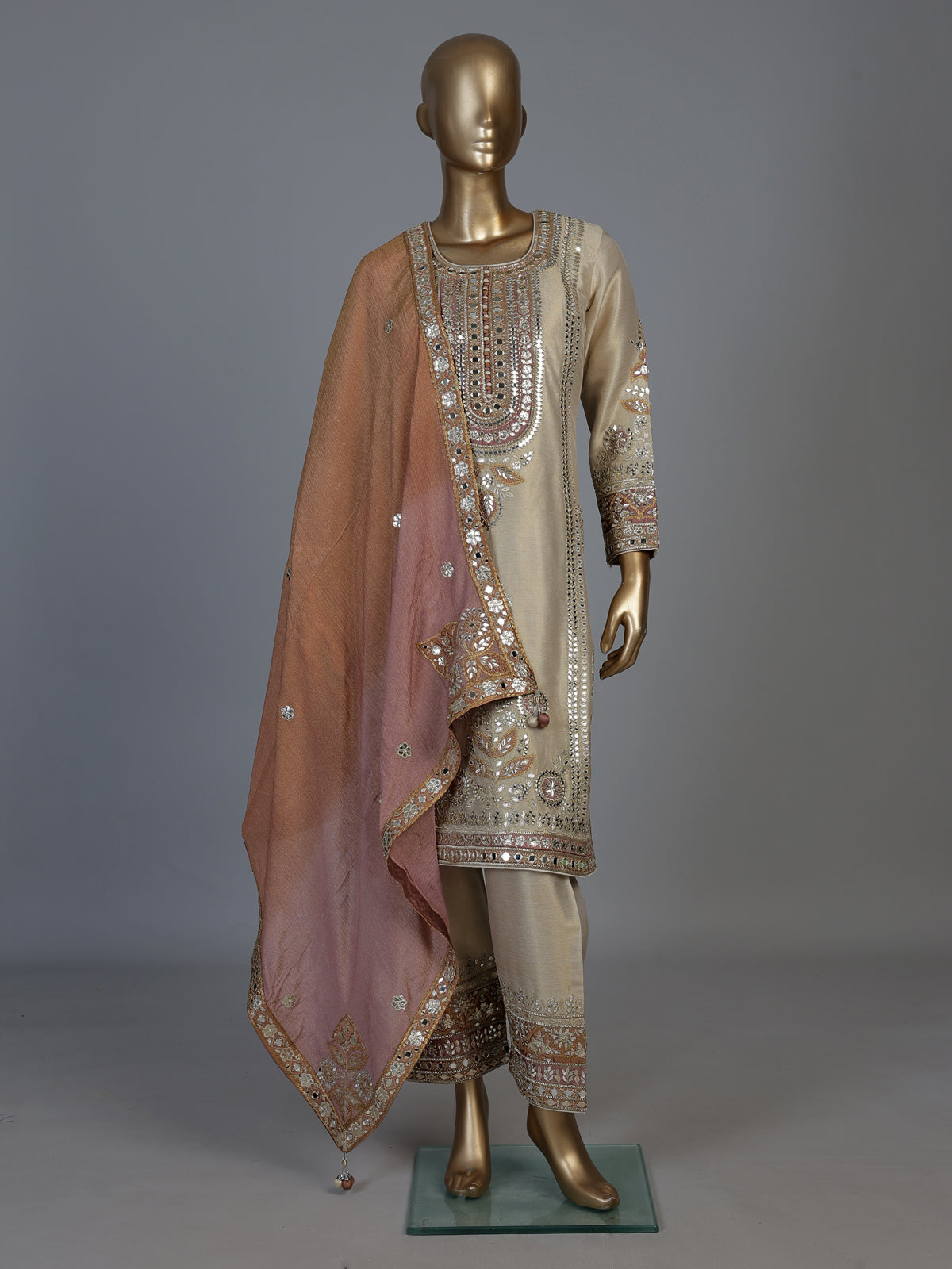 Beige pakistani style chanderi silk salwar suit with pink dupatta