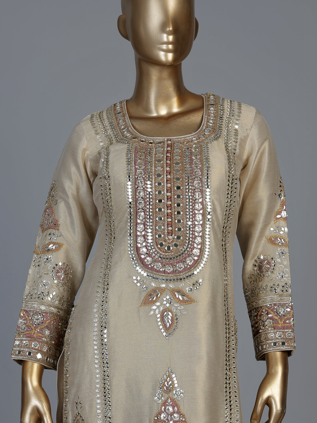 Beige pakistani style chanderi silk salwar suit with pink dupatta