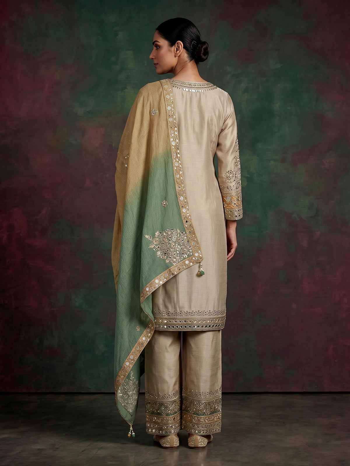 Beige chanderi silk salwar suit with green shaded dupatta