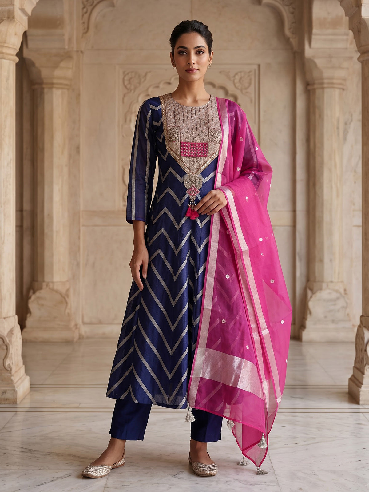 Navy blue silk blend anarkali salwar with dupatta